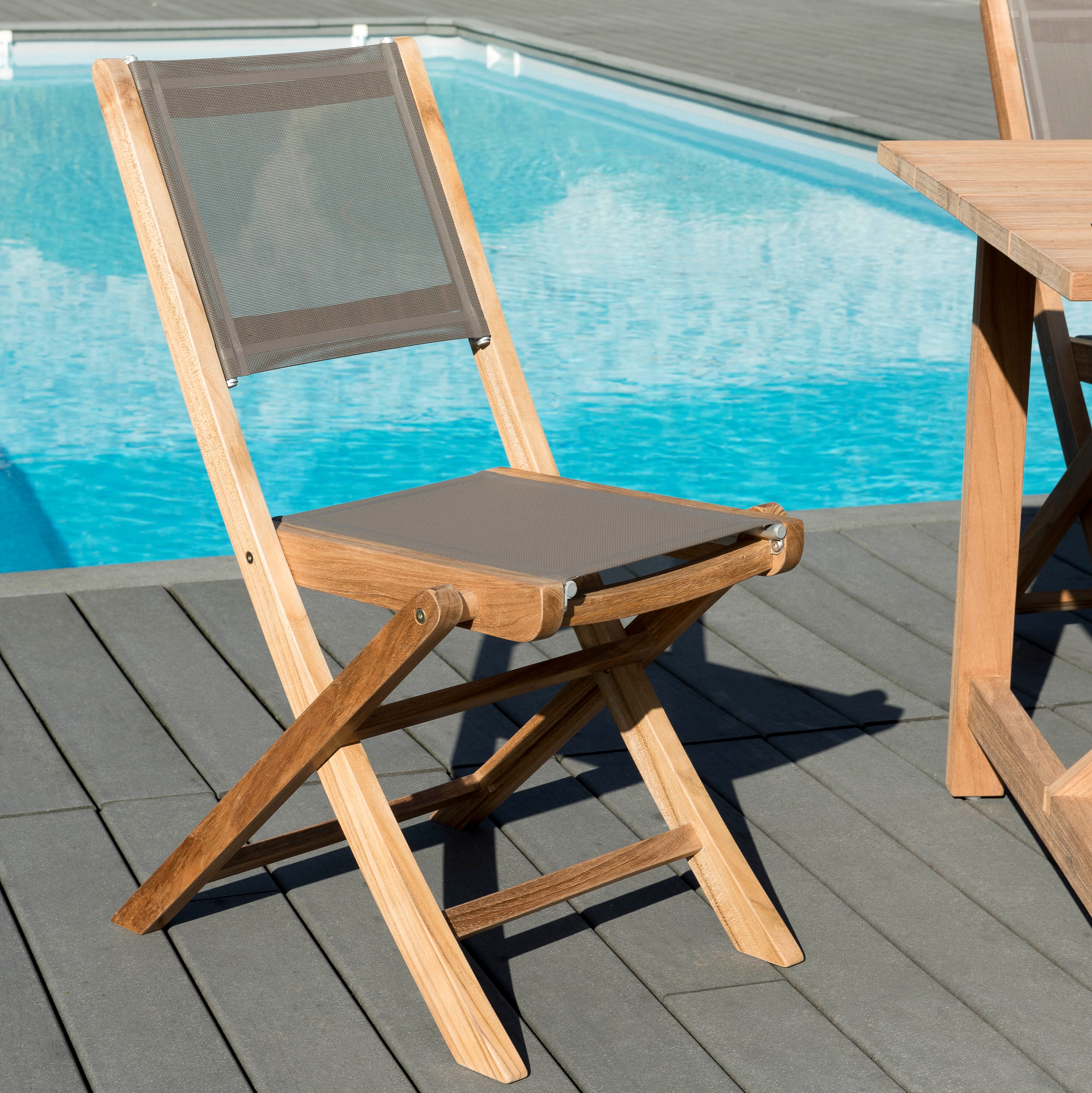 Chaise de Jardin pliante teck textilène taupe (lot de 2) SUMMER