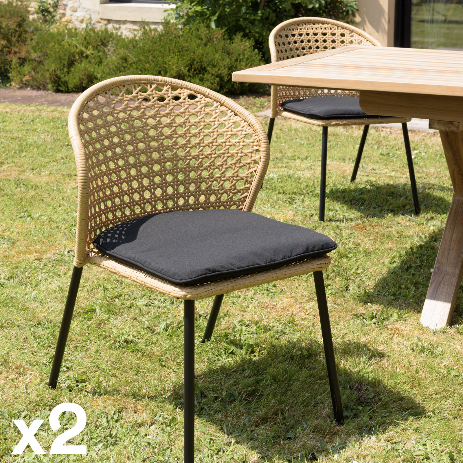 Chaise de jardin rotin synthétique couleur naturelle avec coussin noir (lot de 2) GIJON