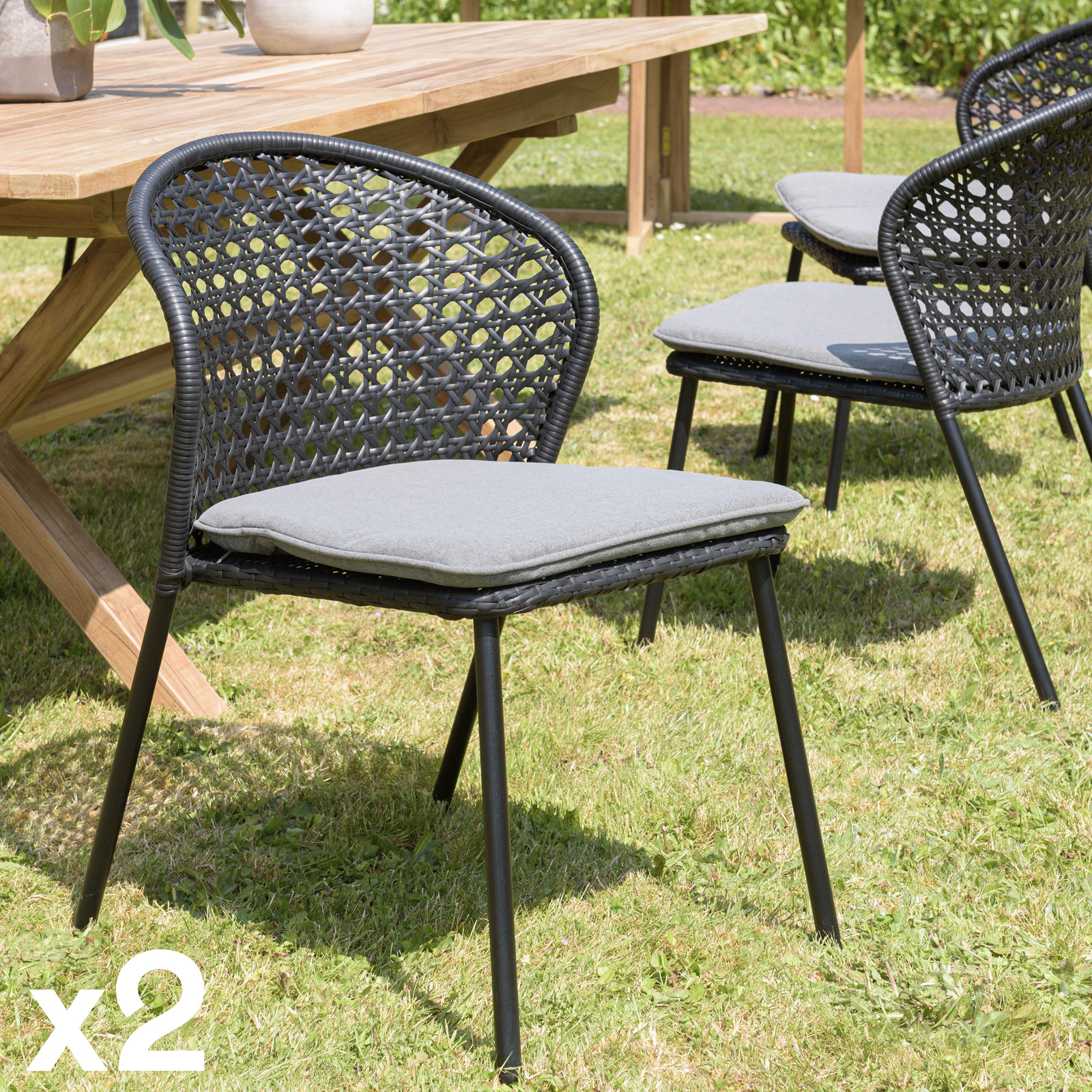 Chaise de jardin rotin synthétique noir avec coussin gris (lot de 2) GIJON