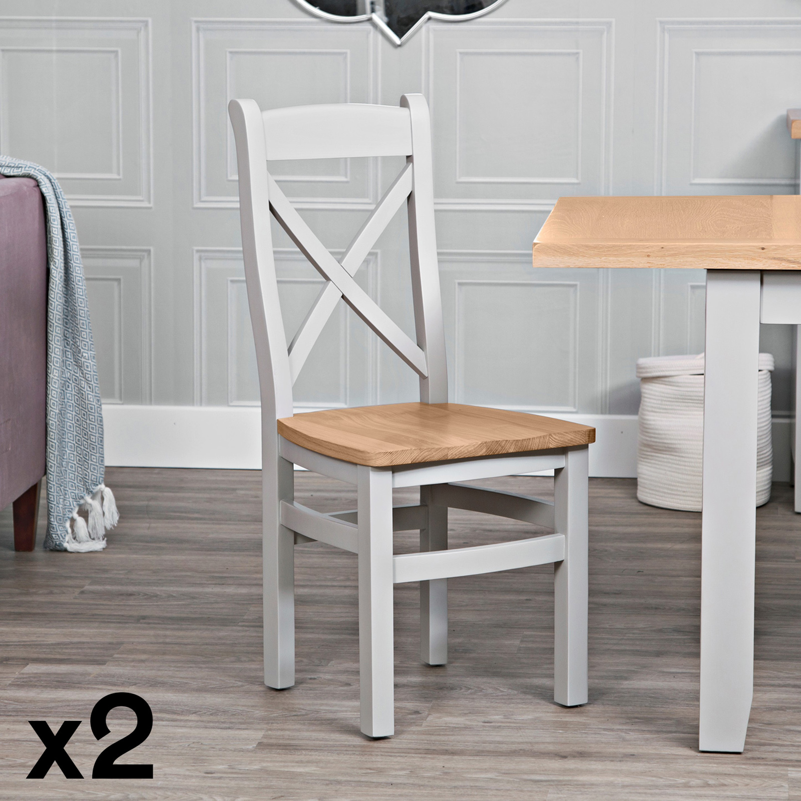 Chaise grise assise bois dossier croisé en chêne (lot de 2) PAROS