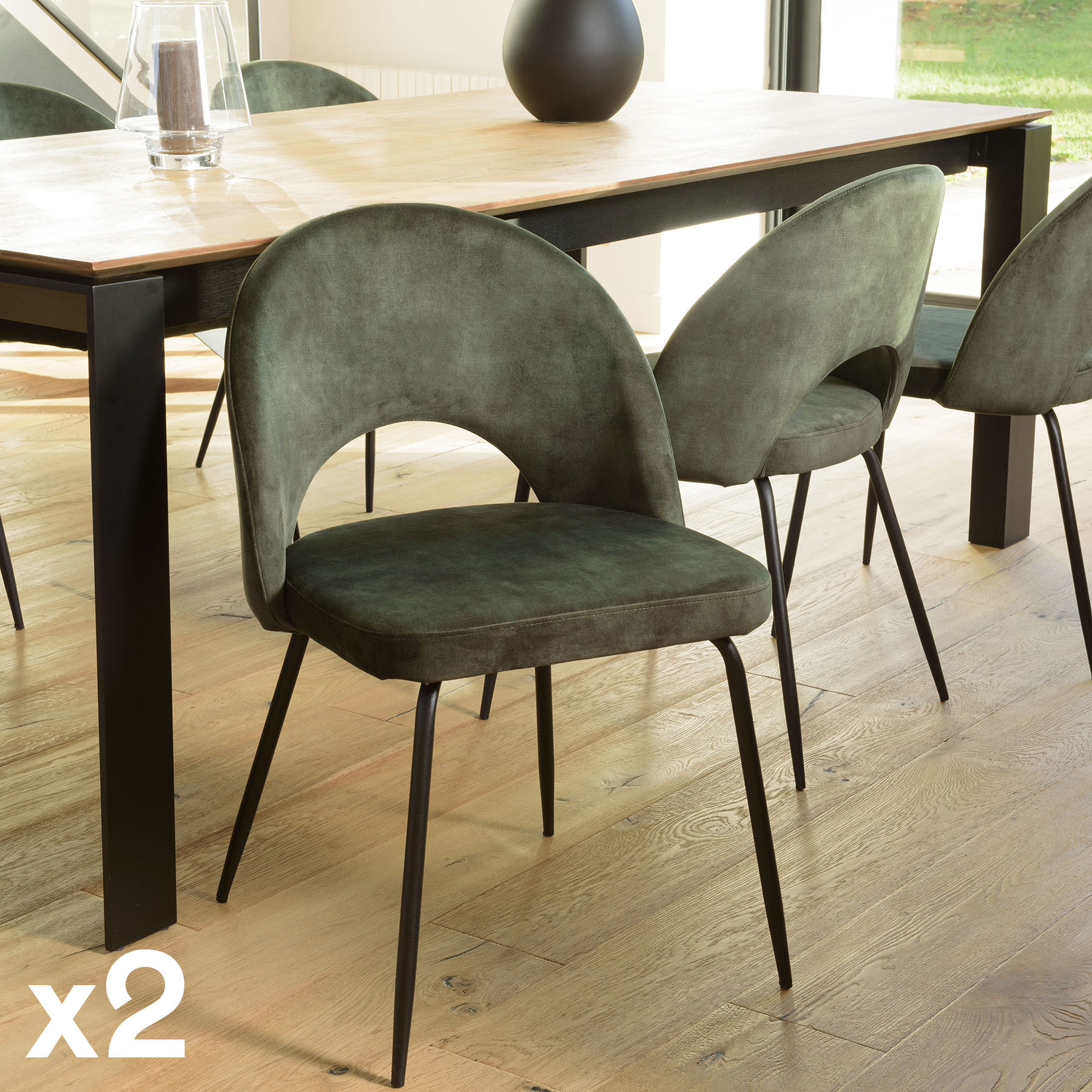 Chaise velours vert dossier demi-lune (lot de 2) TIM