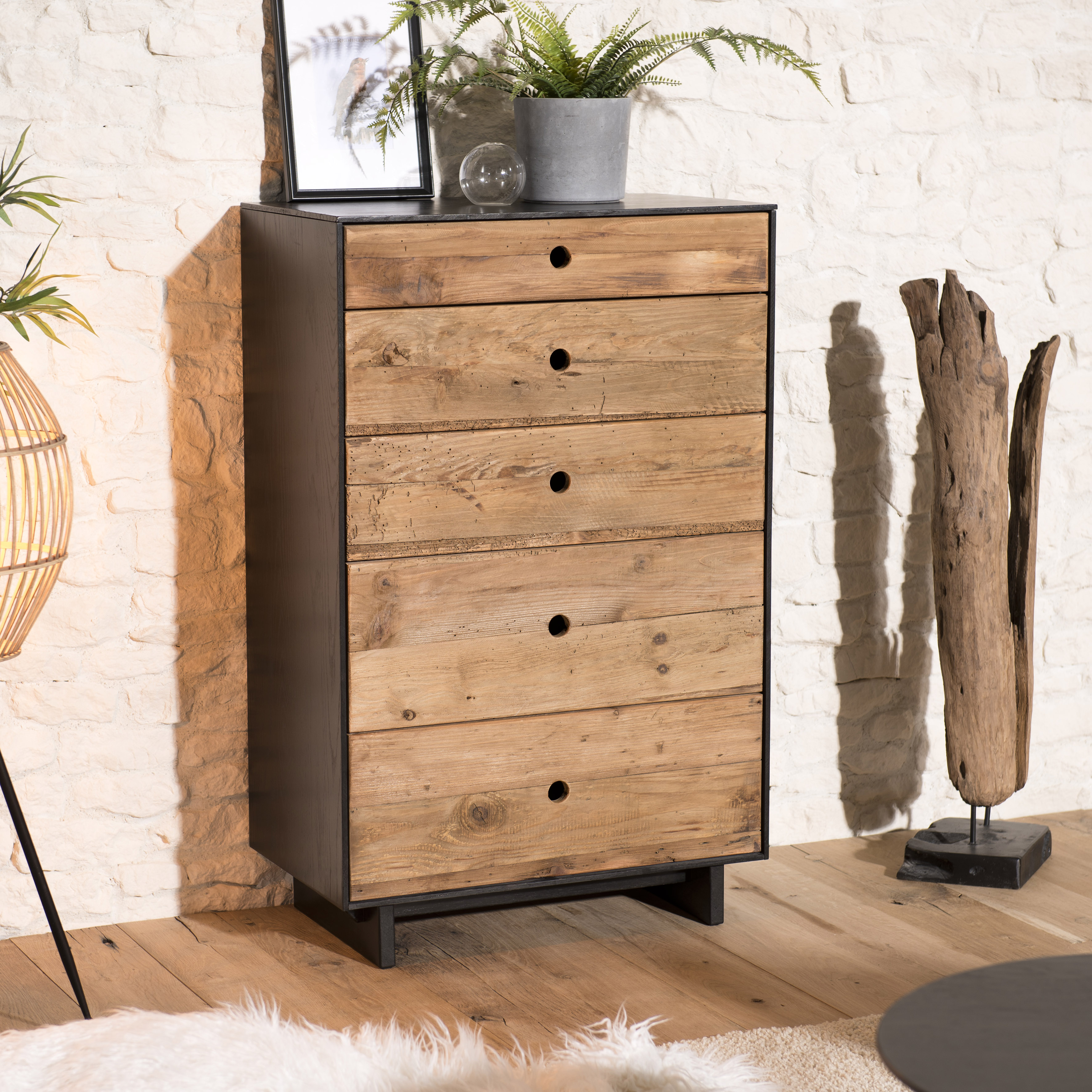 Chiffonnier bois recyclé pin 5 tiroirs CRACOVIE