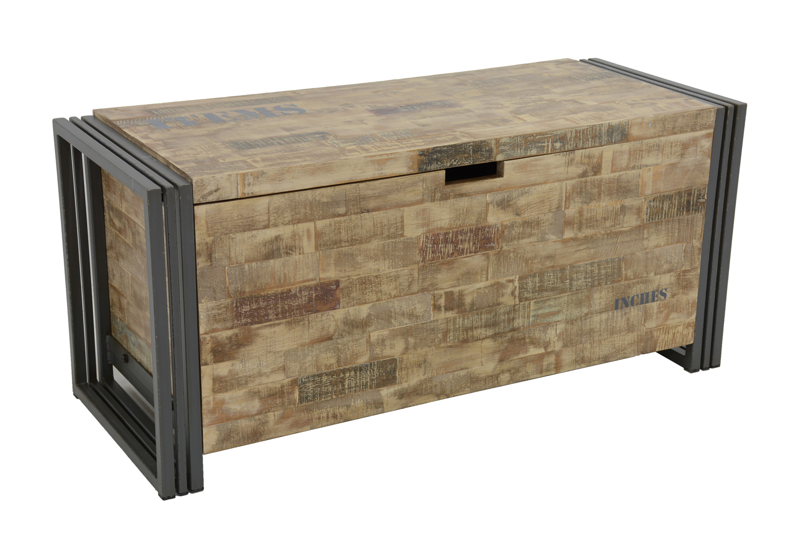 Coffre hévéa recyclé blanchi et métal noirci 100X40X45cm DOCKER