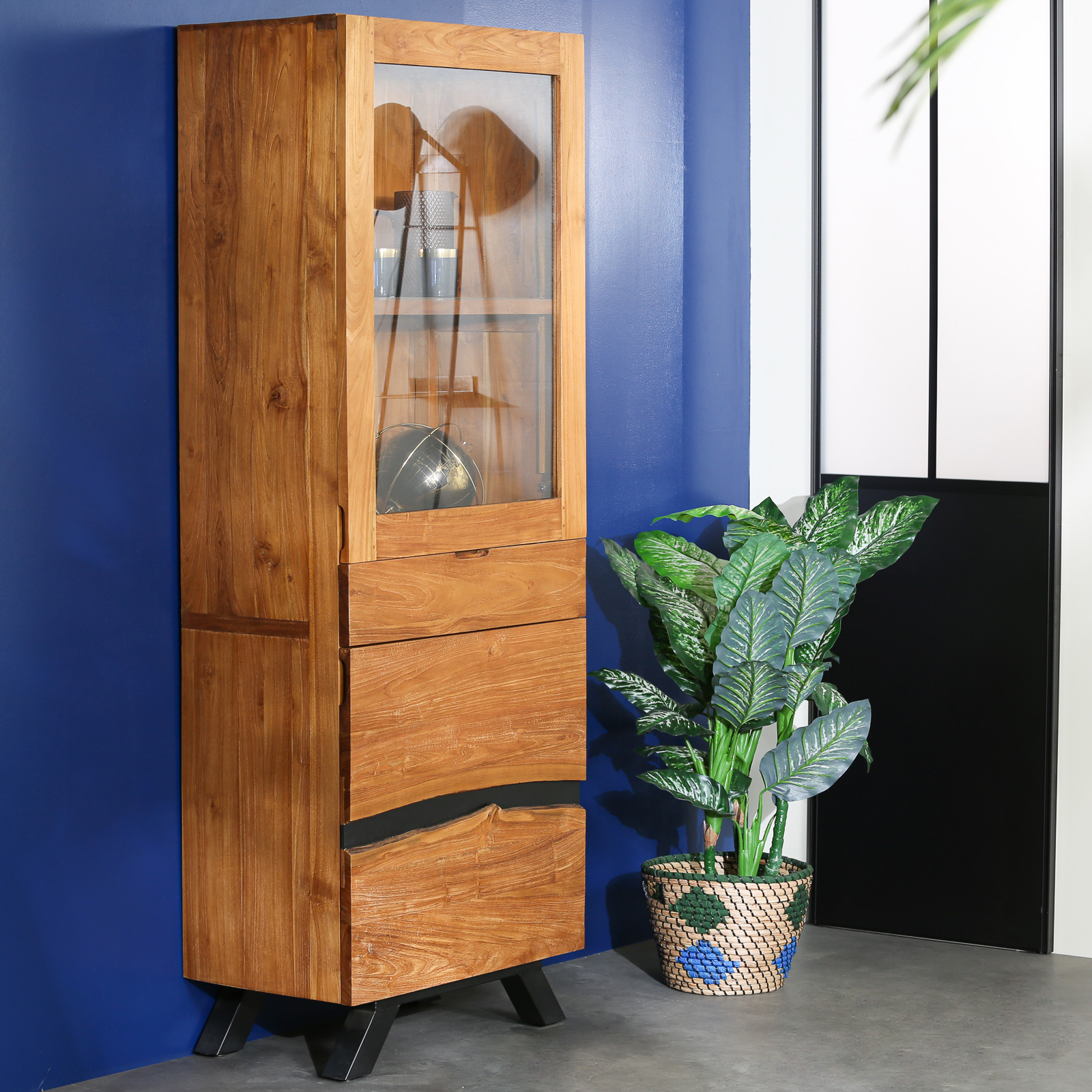 Colonne de rangement bois recyclé teck laque noire BARBADE