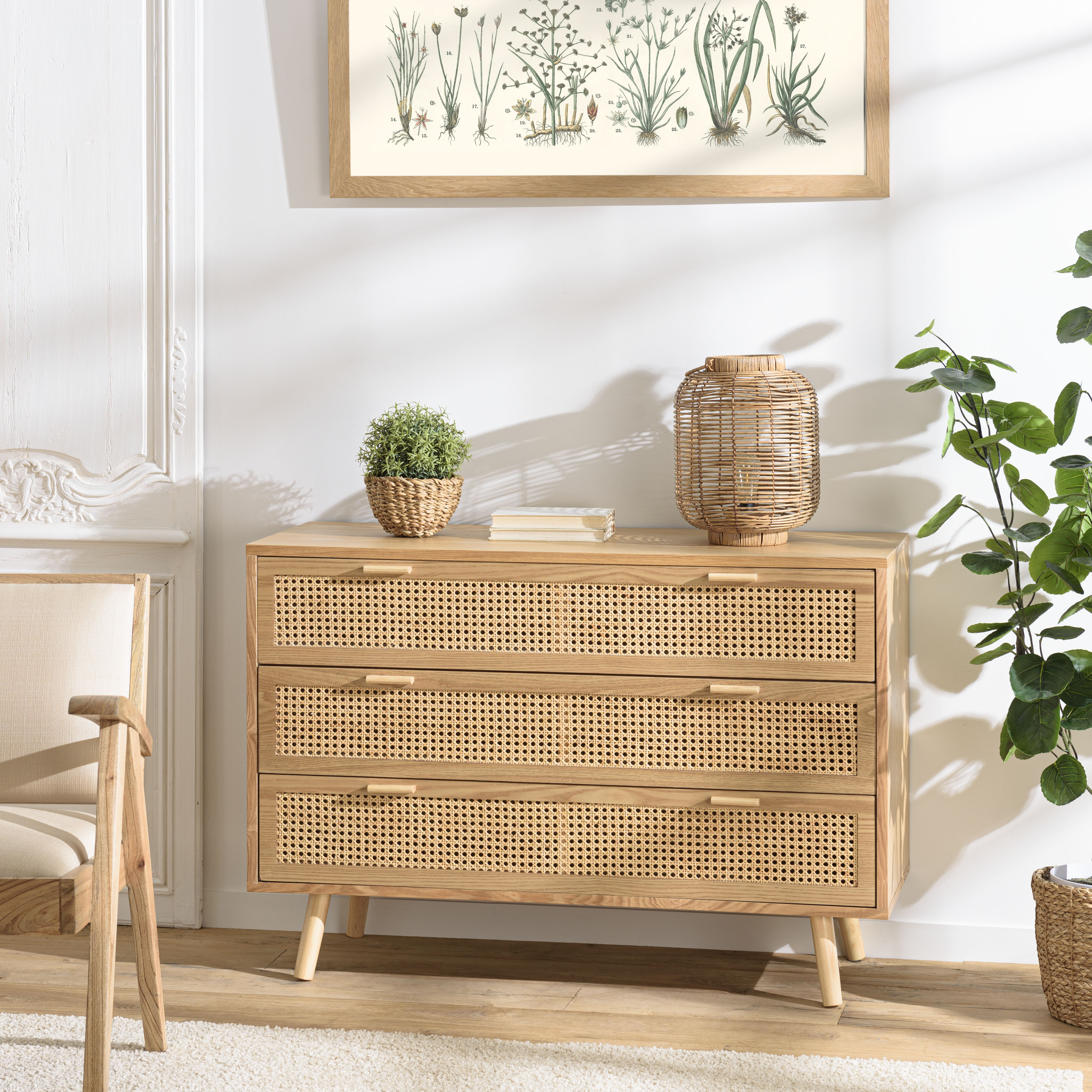 Commode 3 tiroirs bois clair et cannage ALGA