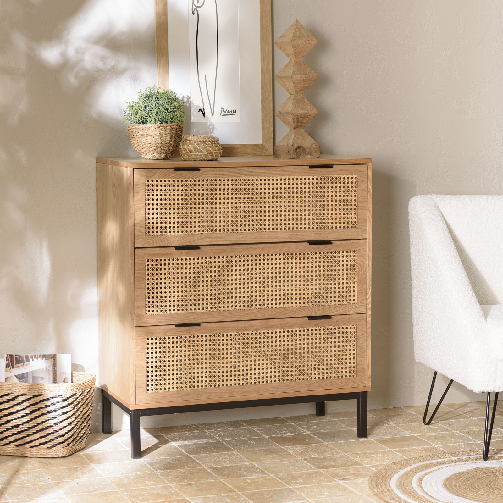 Commode 3 tiroirs cannage en rotin 80 cm PALMA