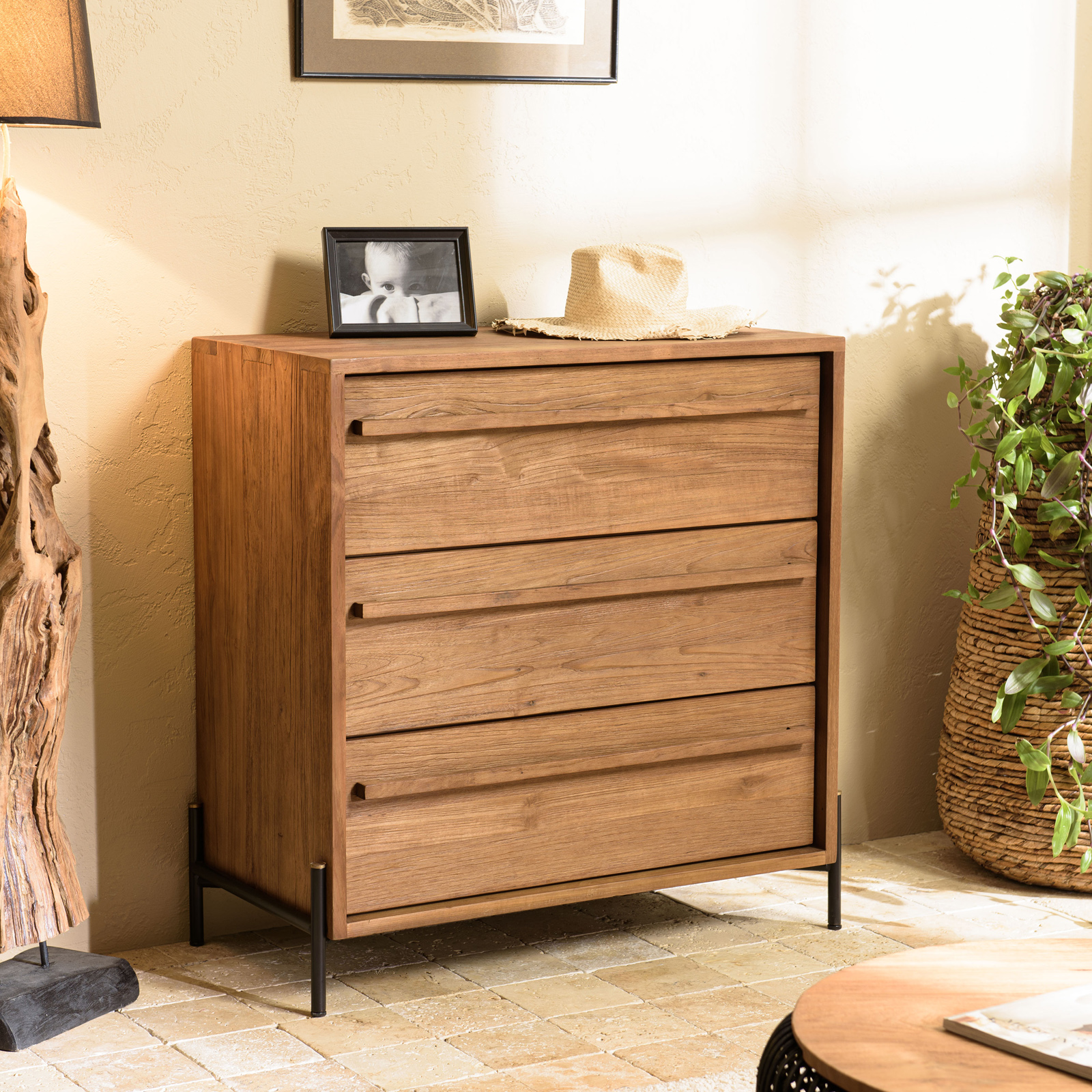Commode 3 tiroirs en teck recyclé massif 84 cm SWING