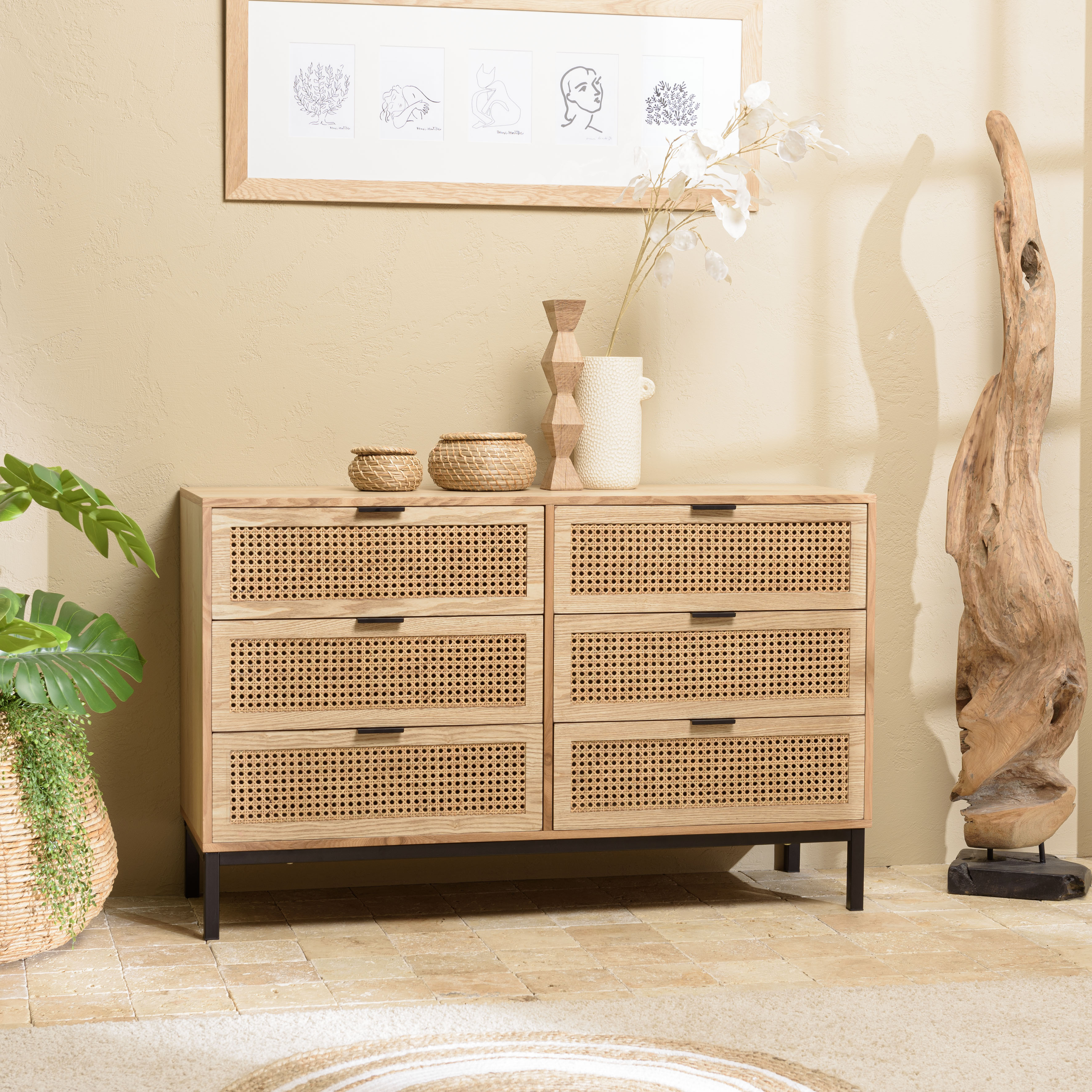Commode 6 tiroirs bois clair et rotin pieds métal PALMA