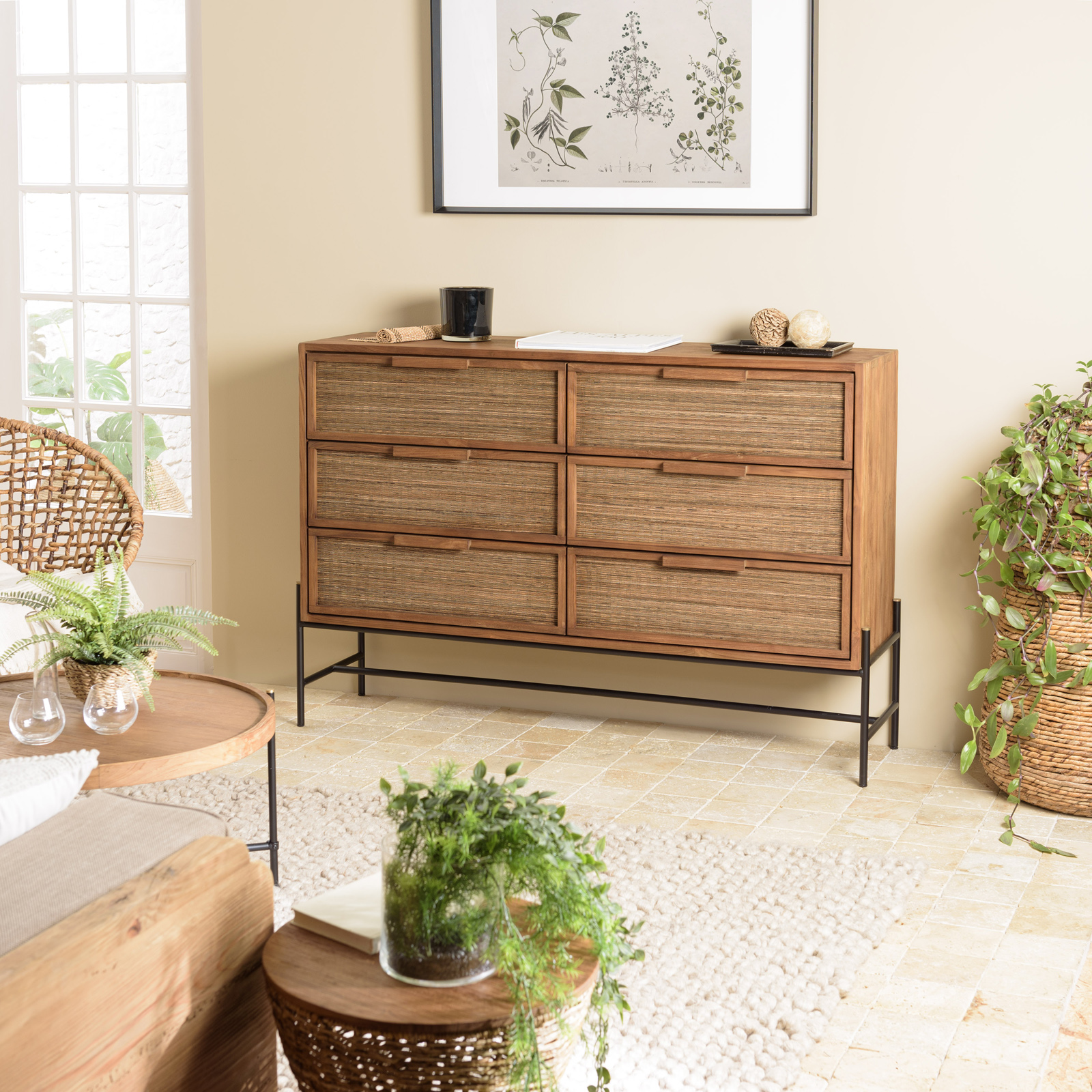 Commode 6 tiroirs en bois recyclé et tressage coco SWING