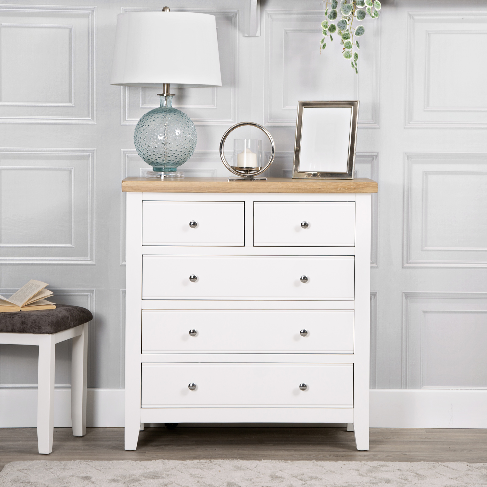 Commode blanche en bois de chêne 5 tiroirs NAXOS