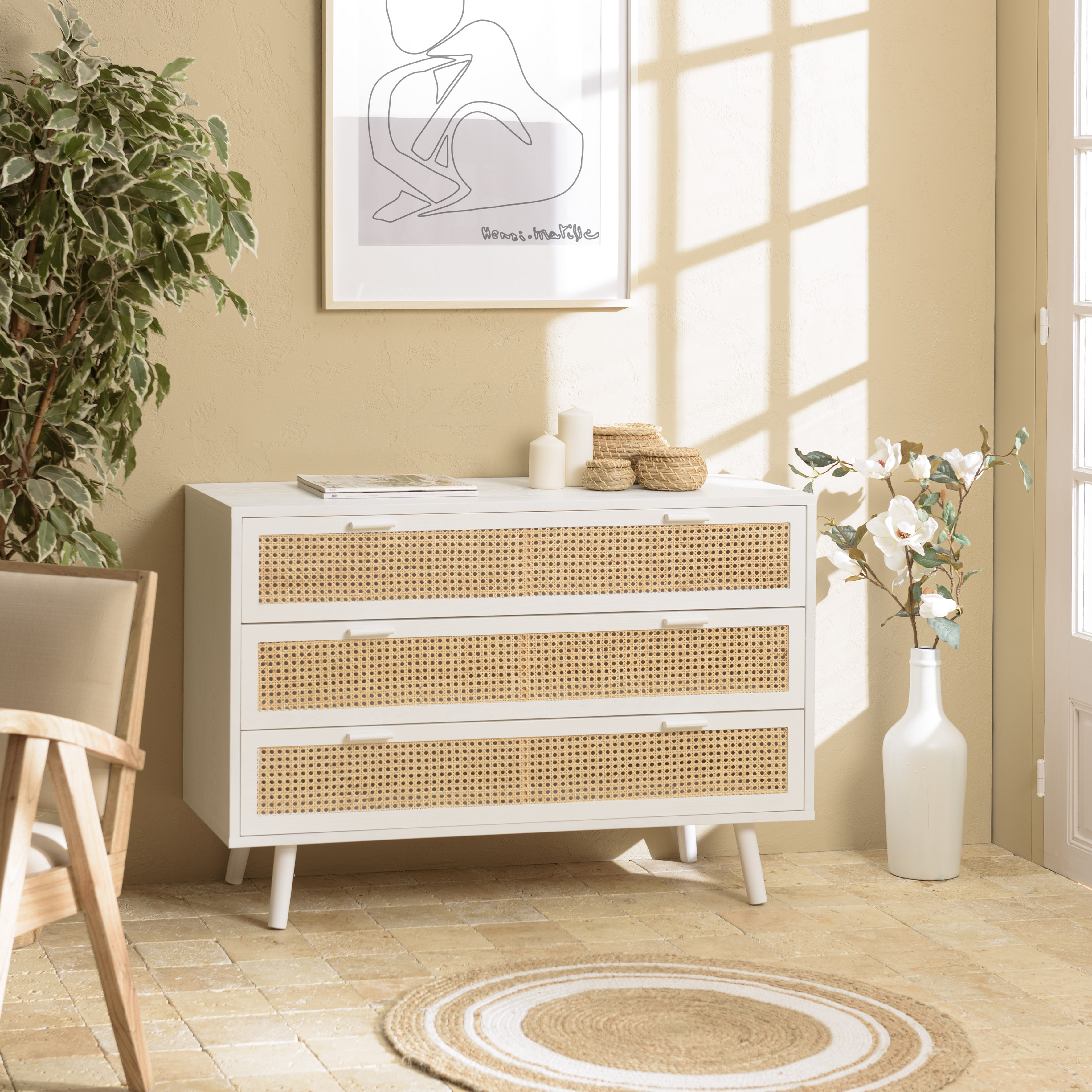 Commode bois blanc et cannage naturel 3 tiroirs CALVIA