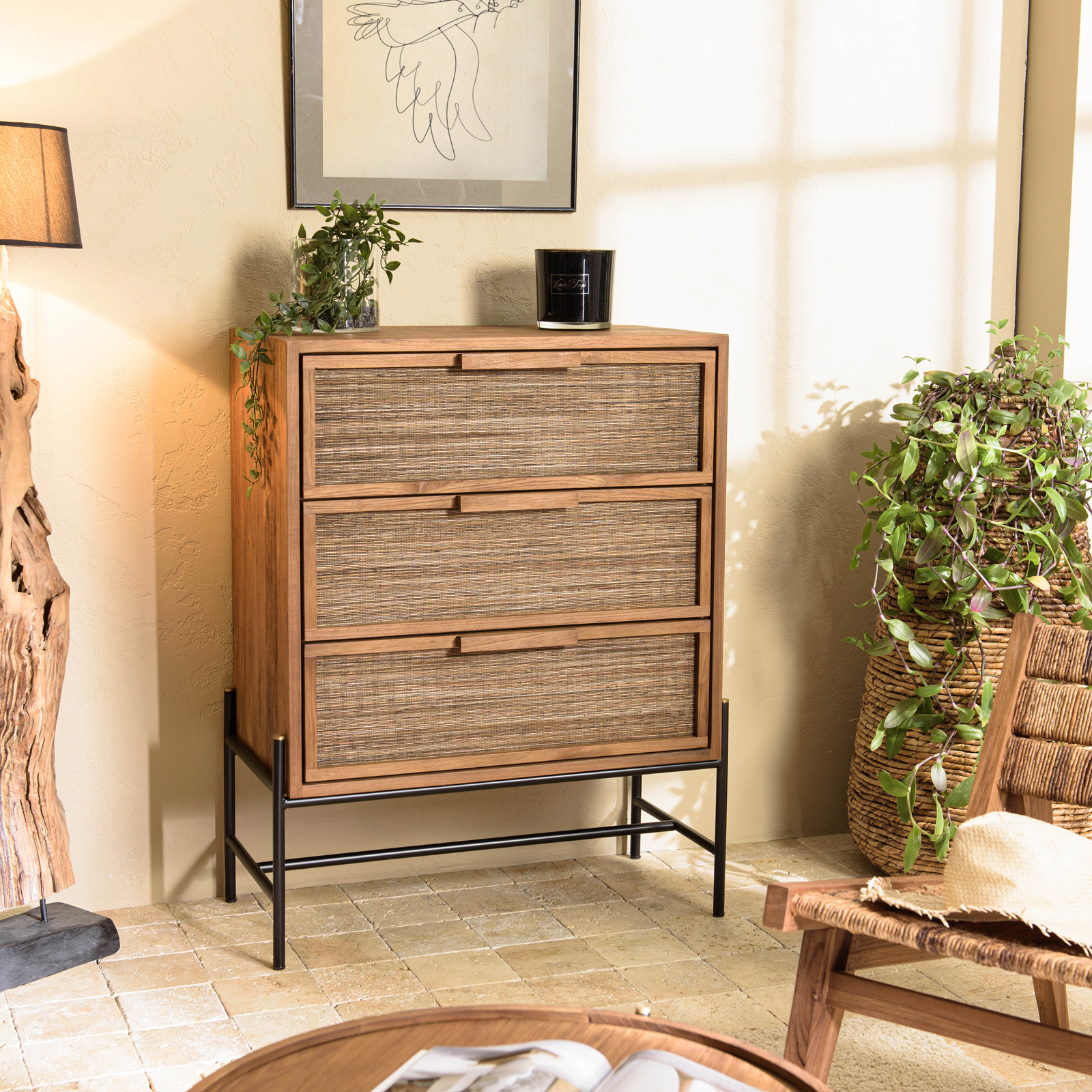 Commode en teck recyclé 3 tiroirs tressage coco SWING