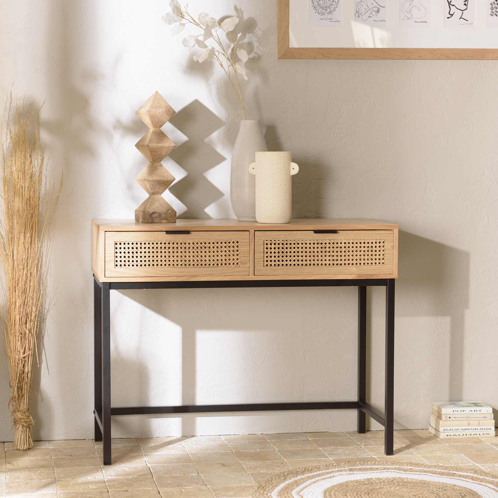 Console 2 tiroirs en cannage rotin naturel PALMA