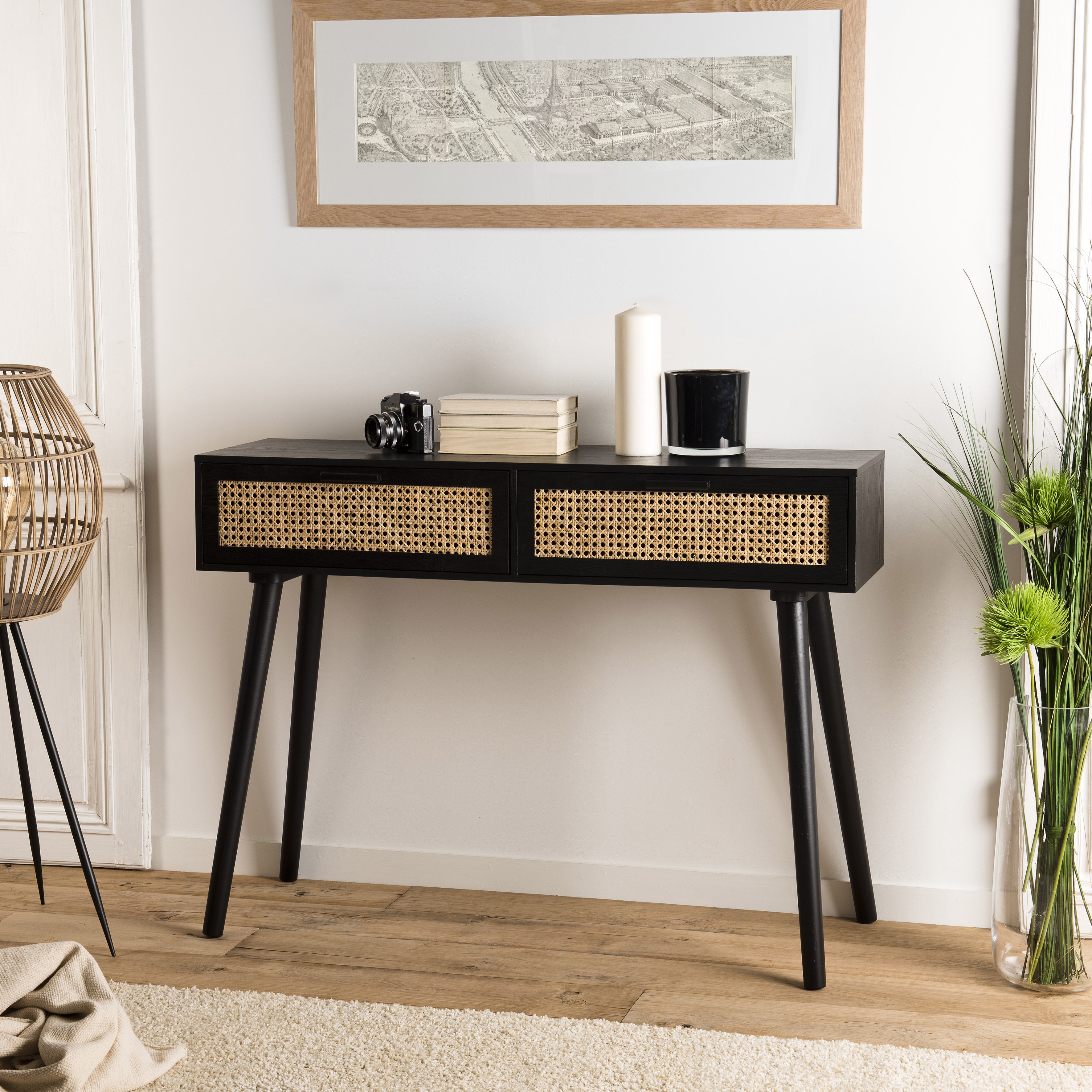 Console bois noir tiroirs cannage PALMA 2