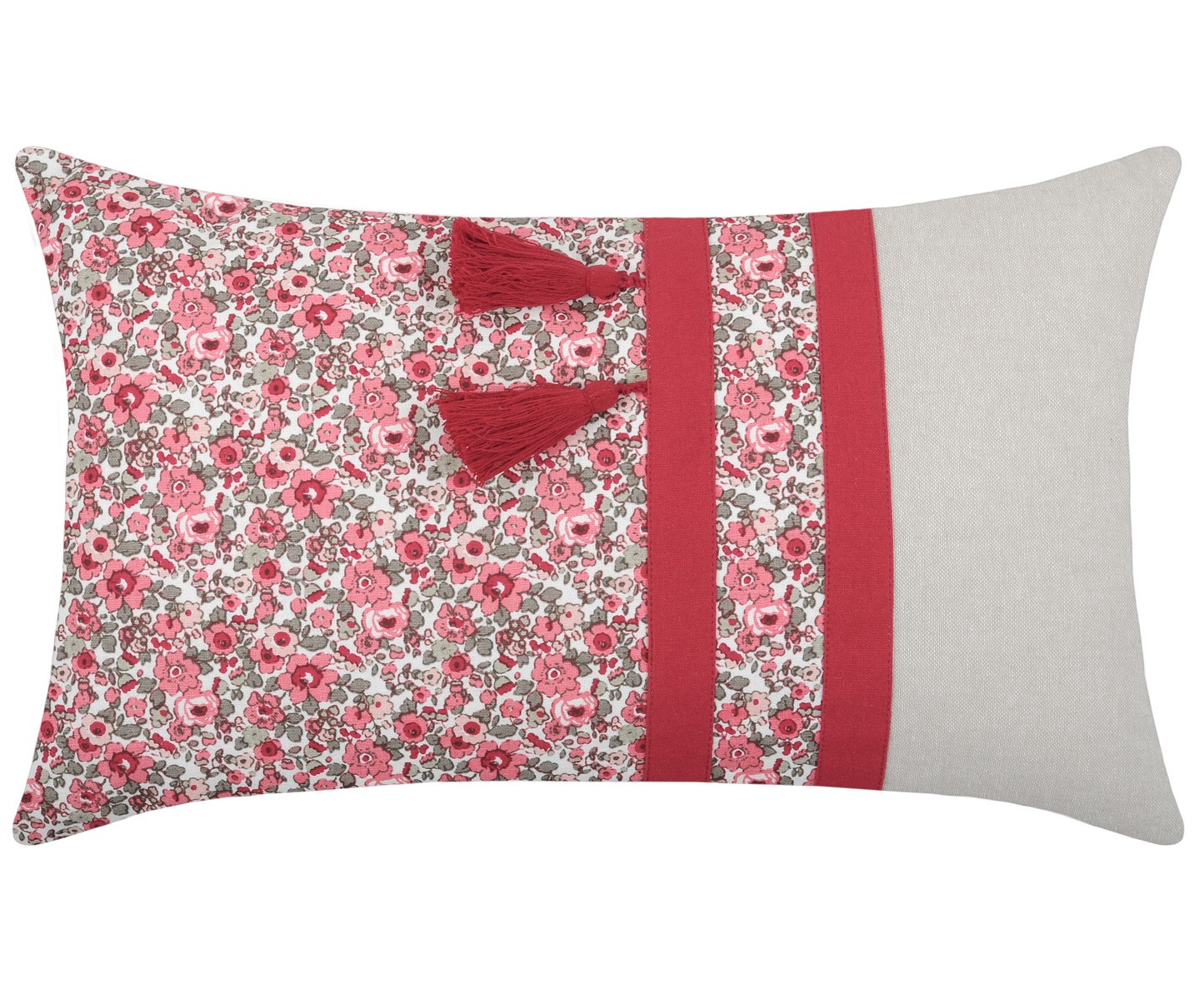 Coussin 2 pompons rouges décoration florale 30x50