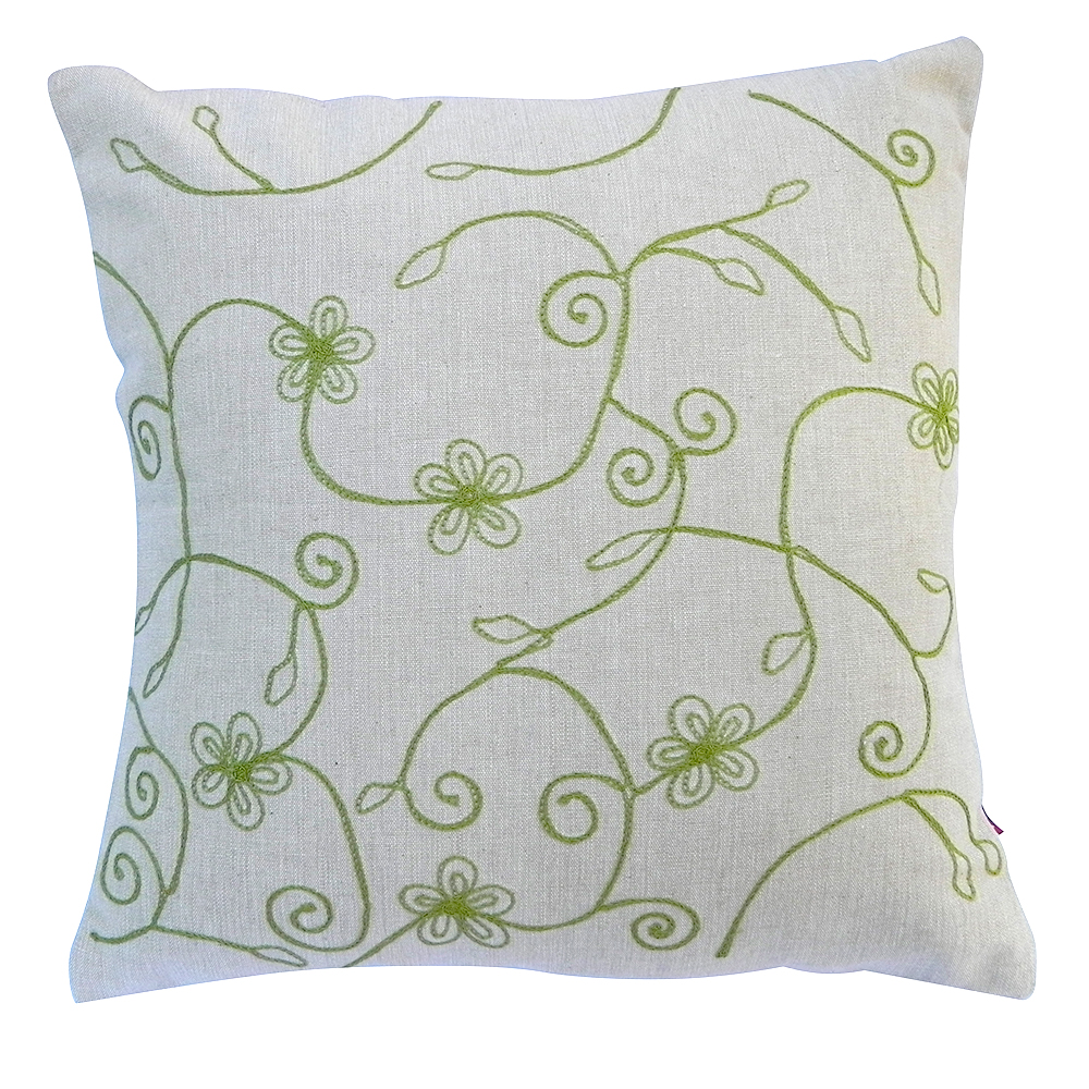 Coussin fleurs brodées pistache 40x40cm