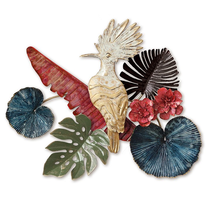 Décoration murale en métal oiseau exotique dans jardin