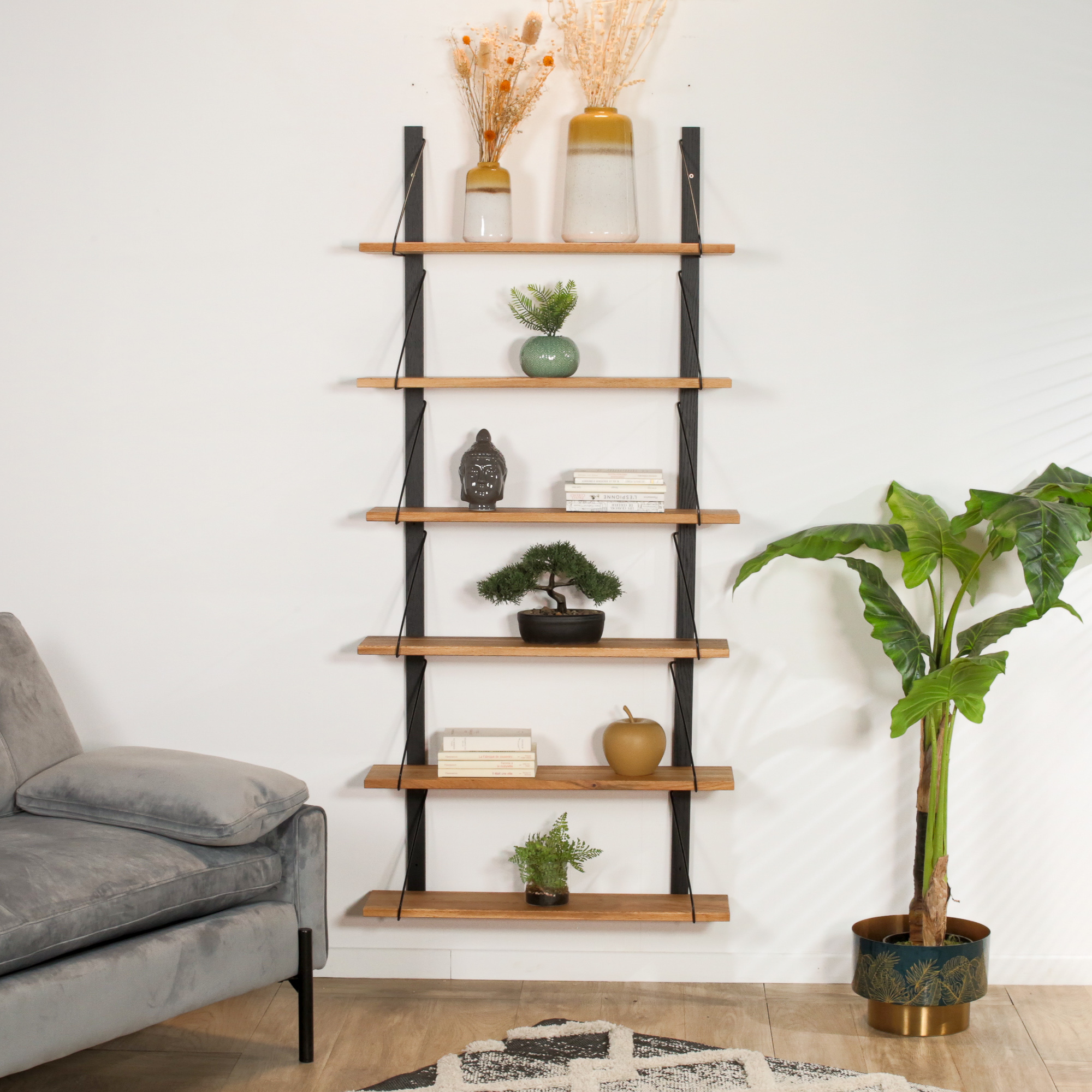 Etagère murale bois massif 6 plateaux (noir et huilé) PALERME