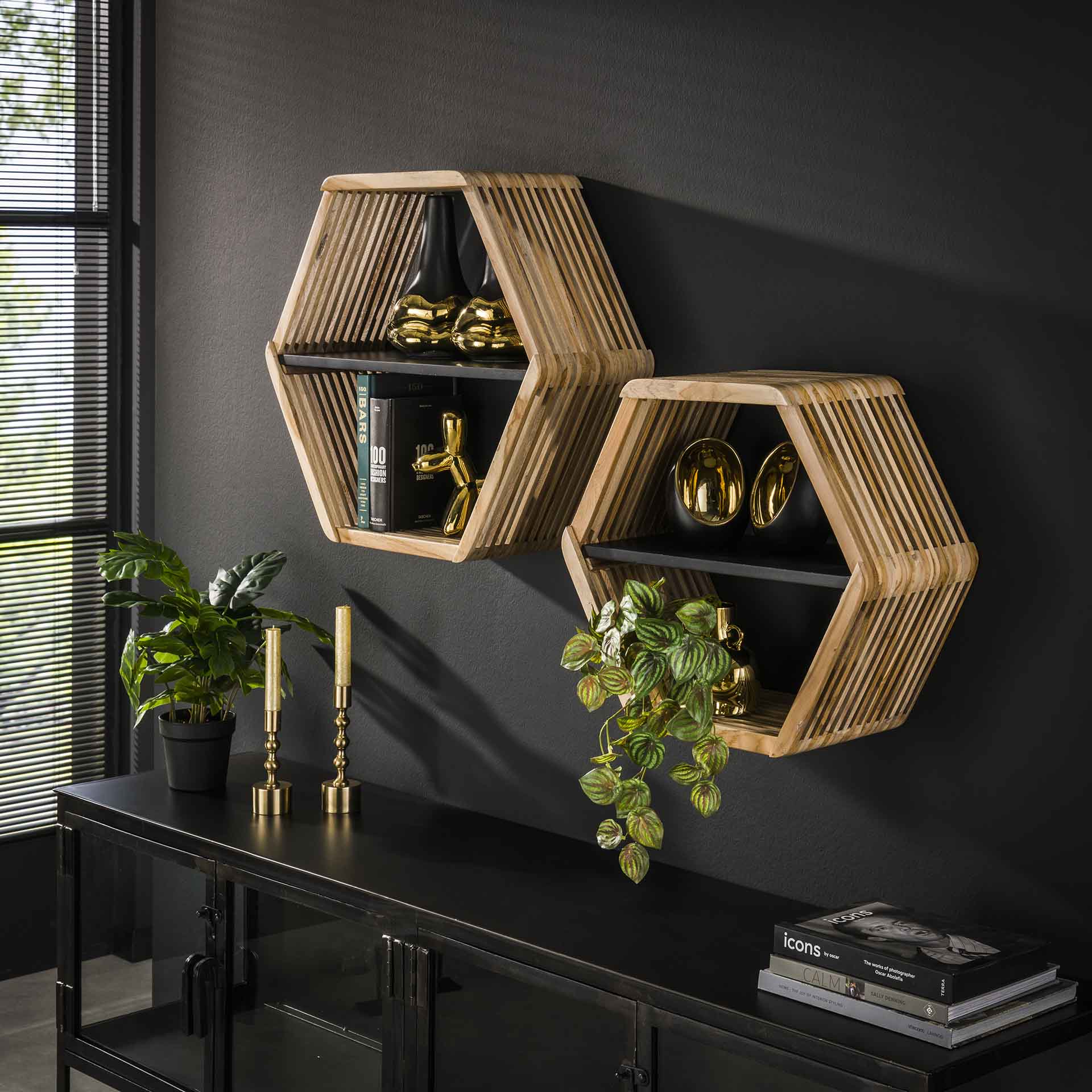 Etagère murale en bois de teck recyclé forme hexagonale (lot de 2) JAVA