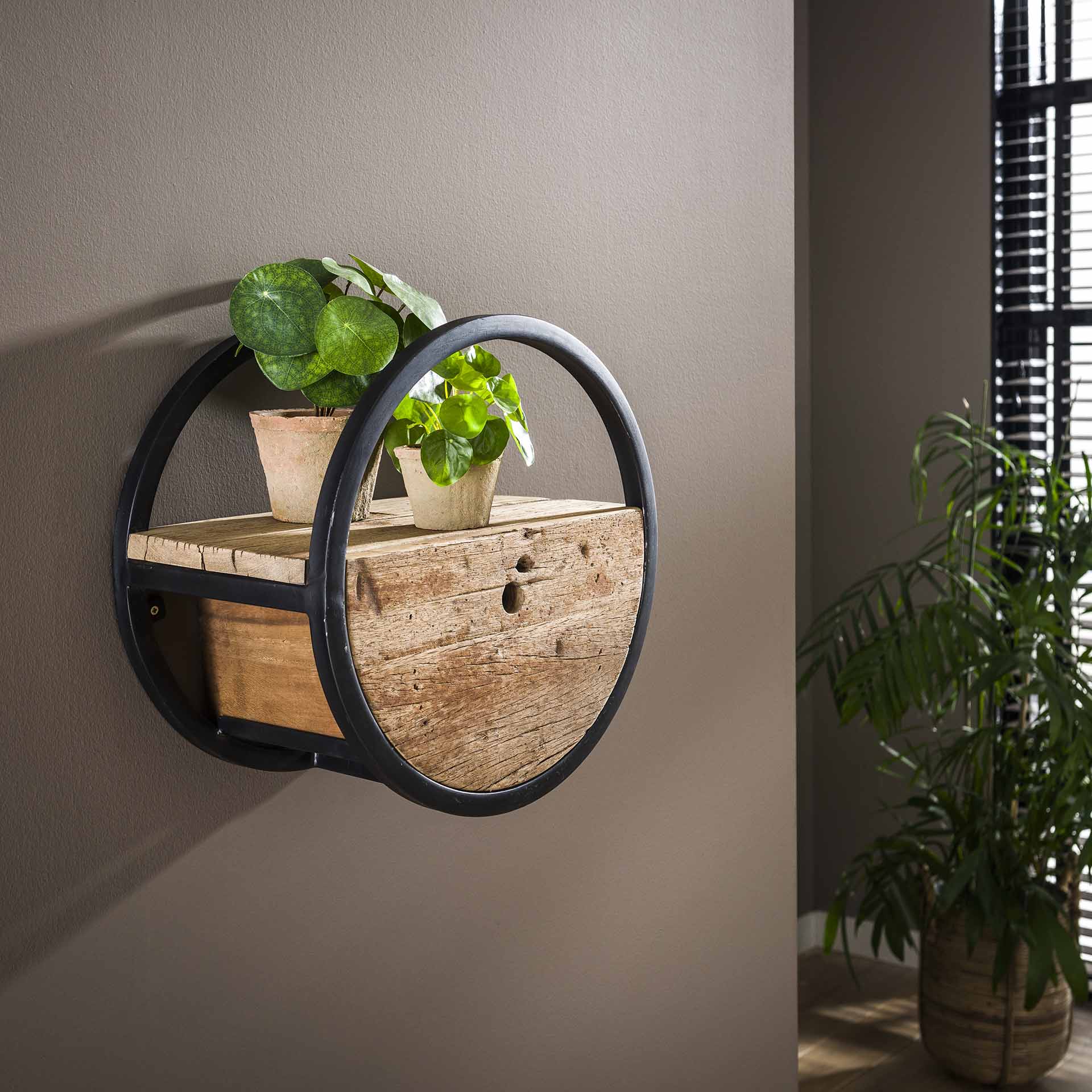 Etagère murale ronde bois recyclé brut 1 tiroir D40 cm CYCLADES