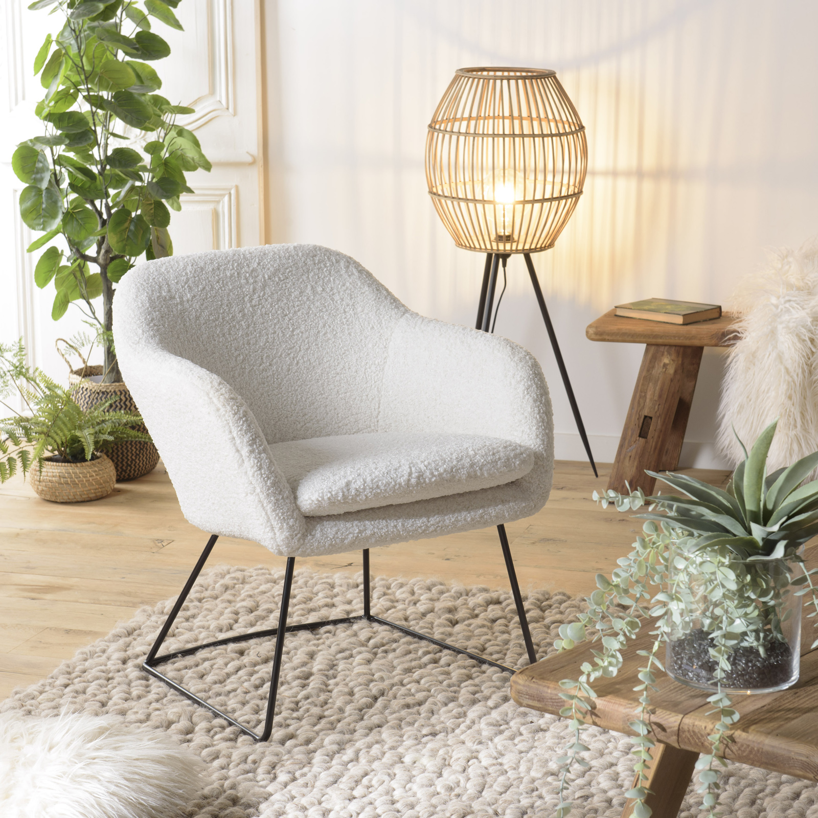 Fauteuil blanc contemporain en tissu bouclette TIM