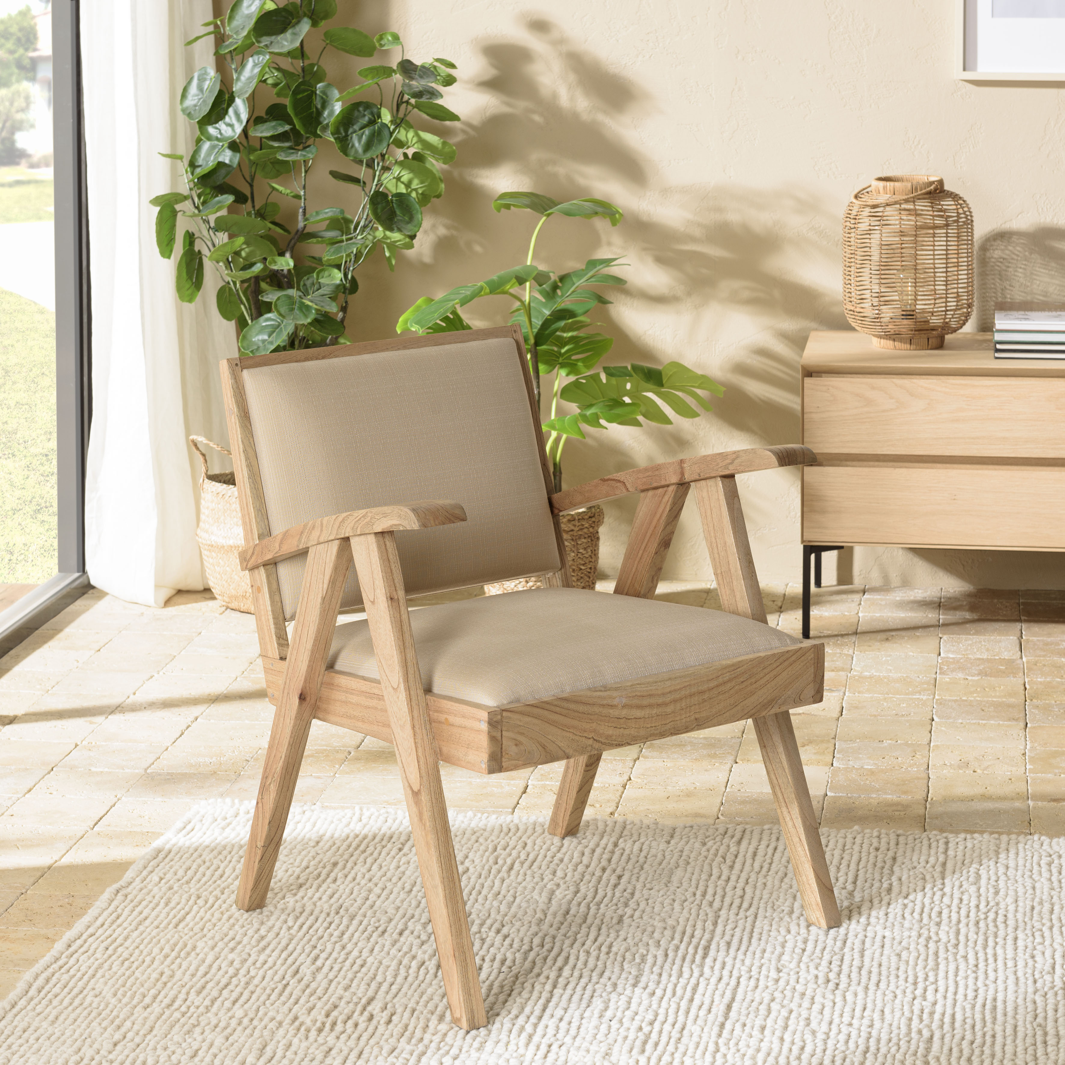 Fauteuil bois exotique clair tissu beige DIKA