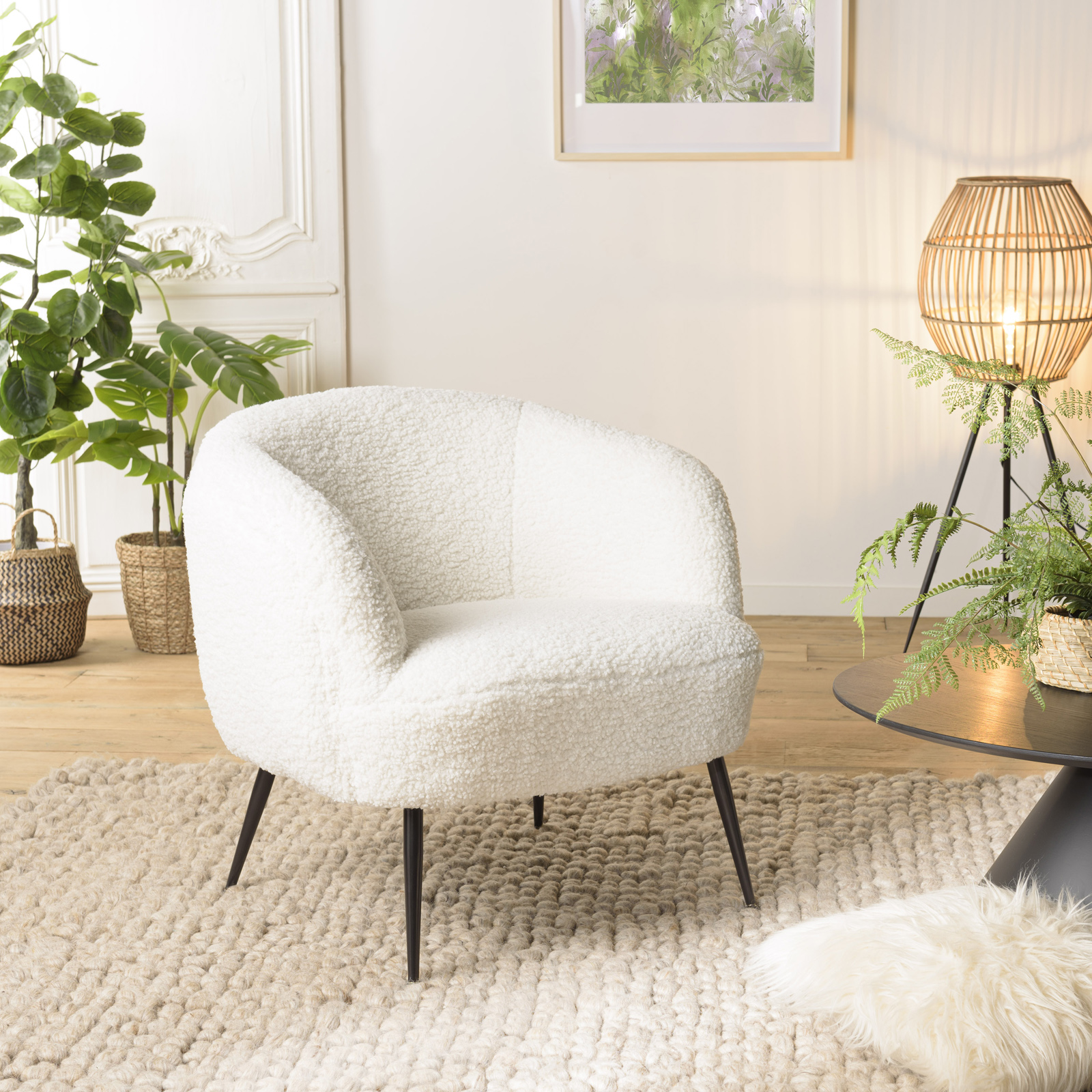 Fauteuil club tissu bouclette blanc TIM