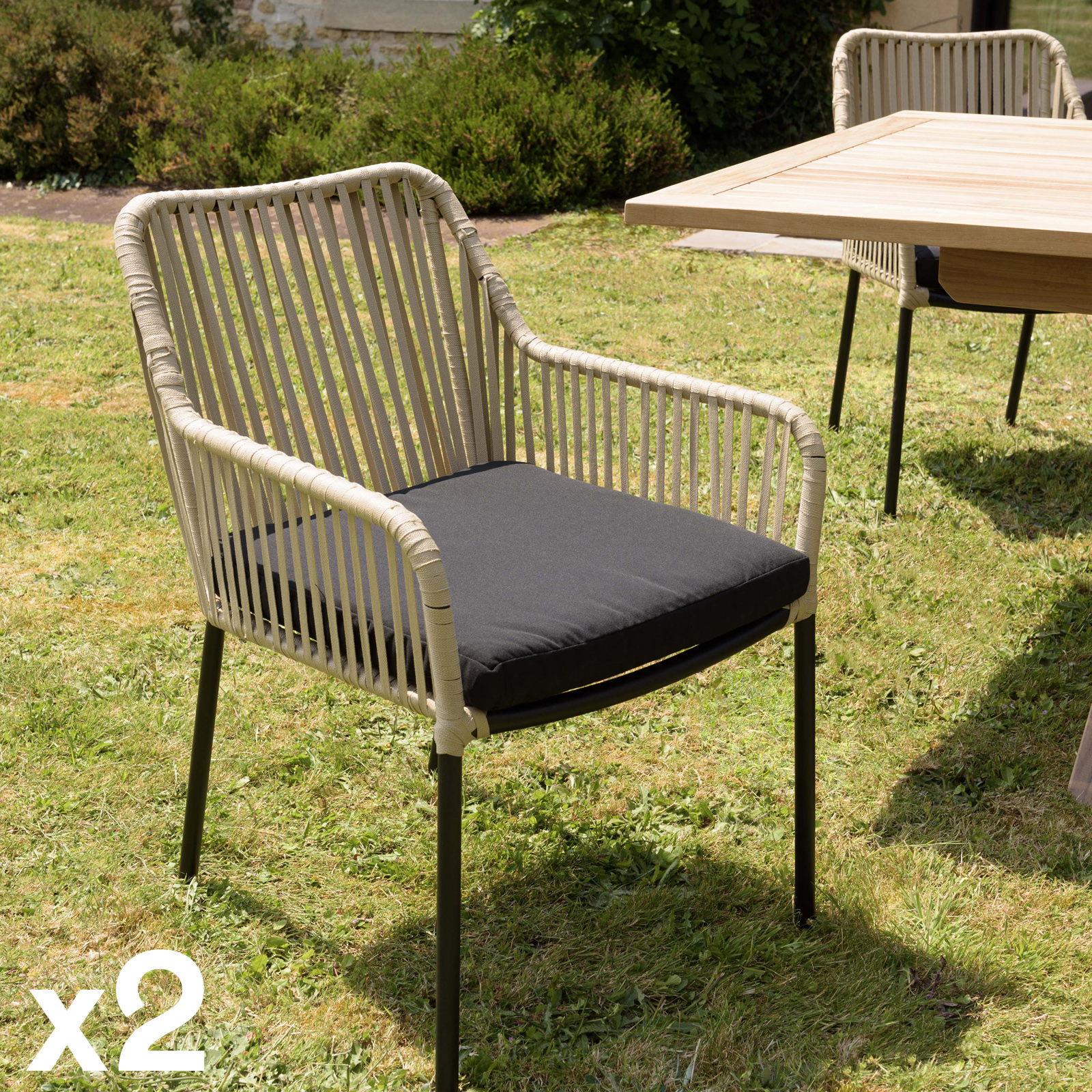 Fauteuil de jardin cordage couleur naturelle 1 coussin noir (lot de 2) GIJON