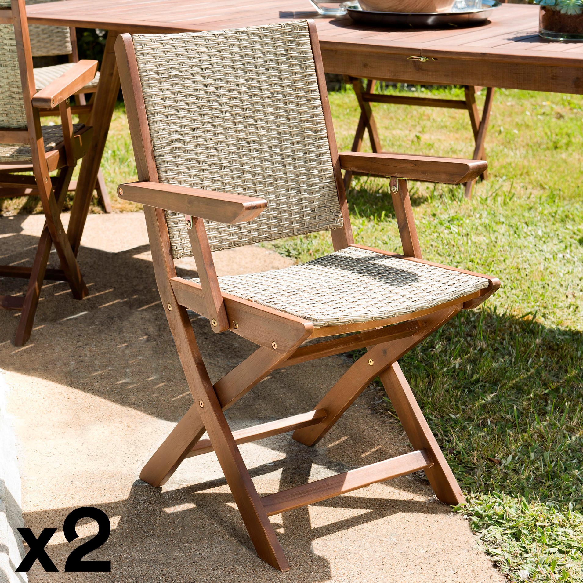 Fauteuil de jardin pliant acacia rotin synthétique SUMMER (lot de 2)