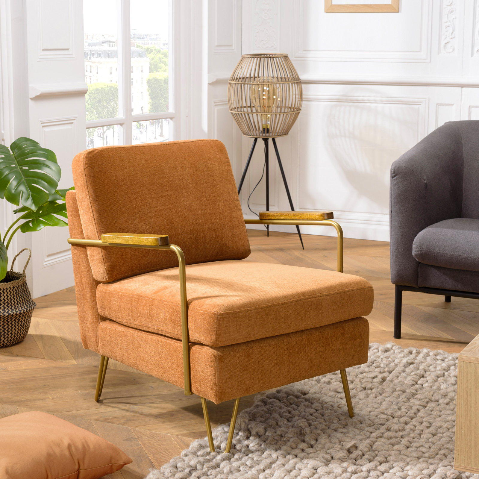 Fauteuil de salon en tissu rouille et accoudoirs bois TIM