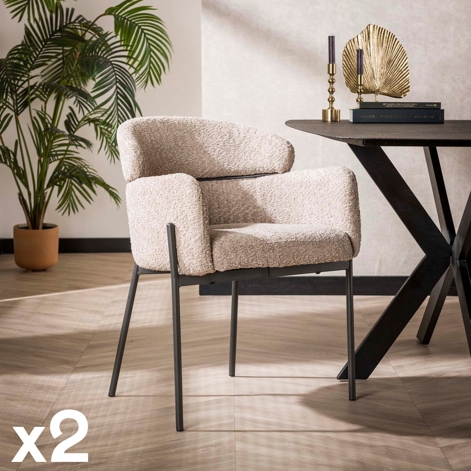 Fauteuil de table beige sable en bouclette dossier haut (lot de 2) GALWAY