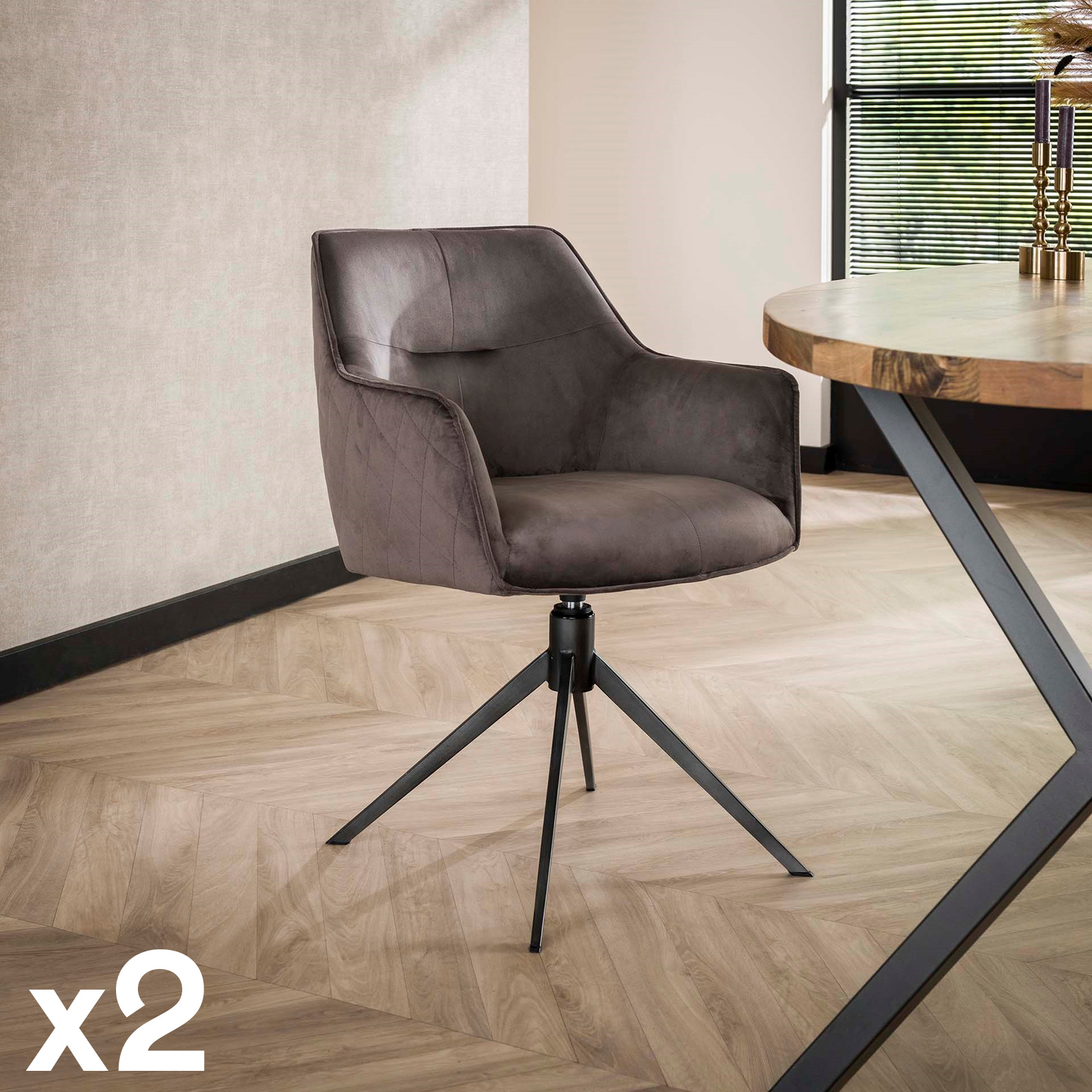Fauteuil de table pivotant en velours gris motif damier (lot de 2) MELBOURNE