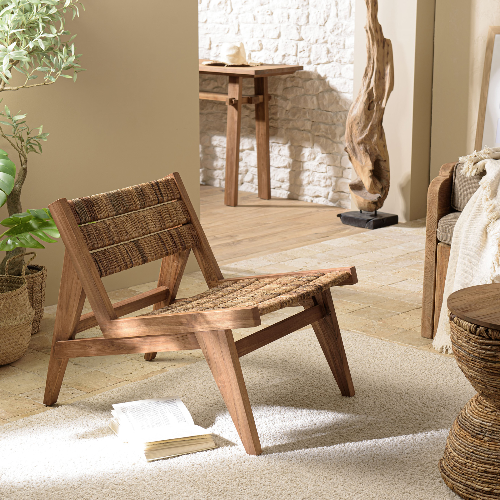 Fauteuil détente en teck recyclé et chanvre tressé SWING
