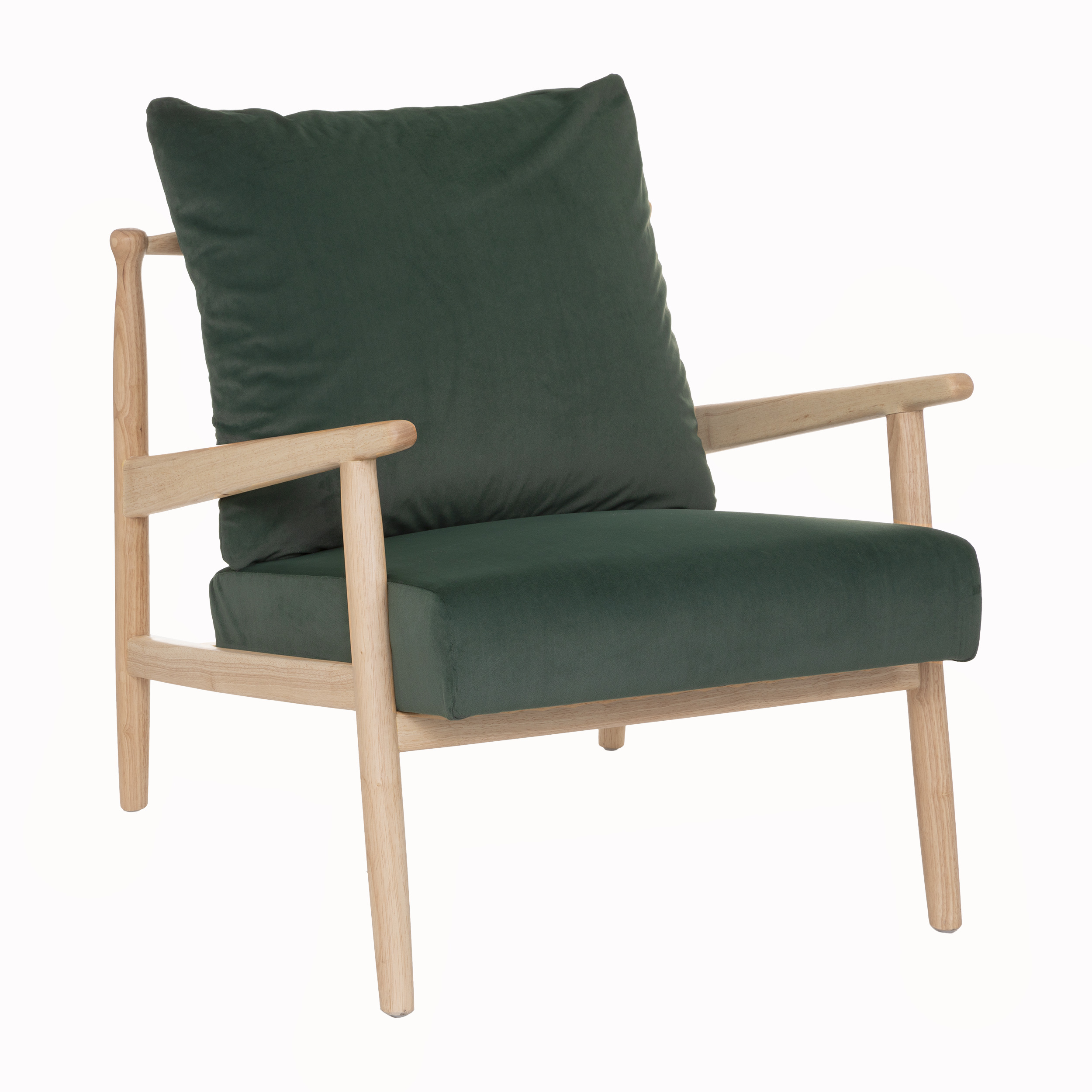 Fauteuil en bois et coussins velours vert