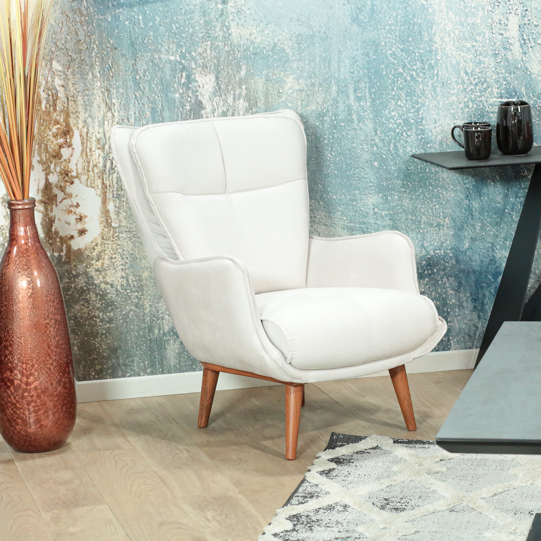 Fauteuil en velours blanc crème MANCHESTER