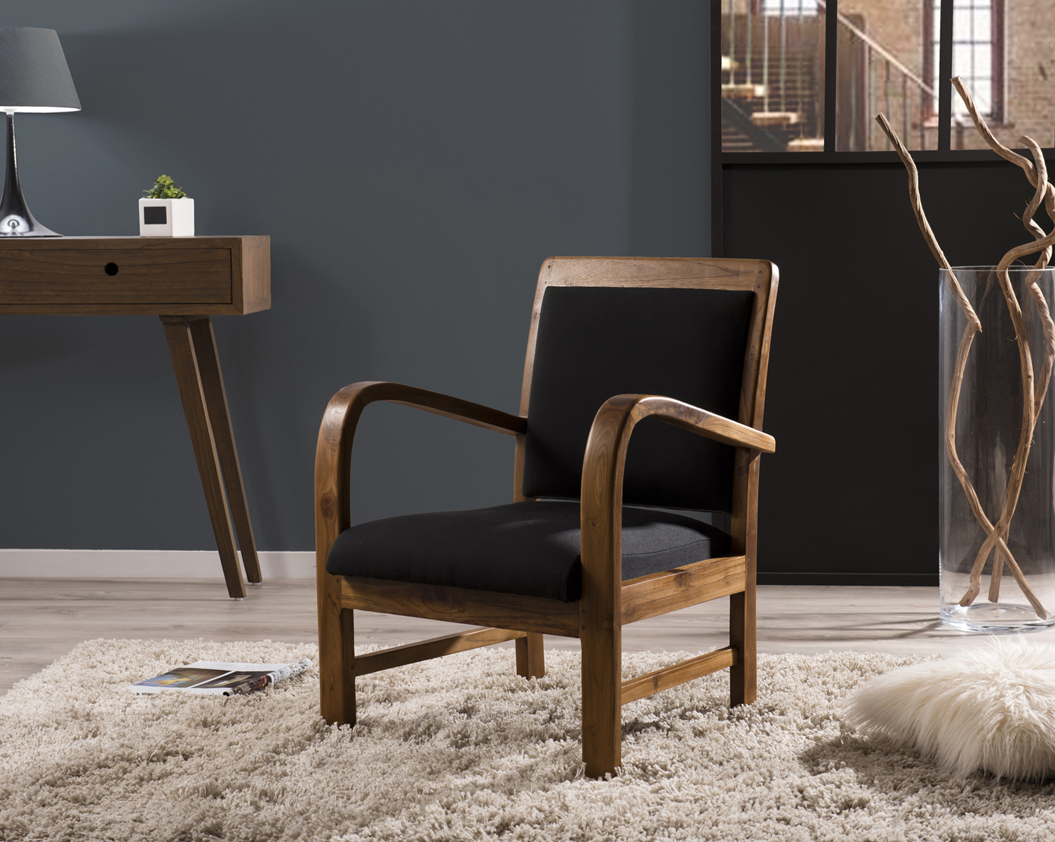 Fauteuil exotique en Teck et Coton noir 61x63x81cm DIKA
