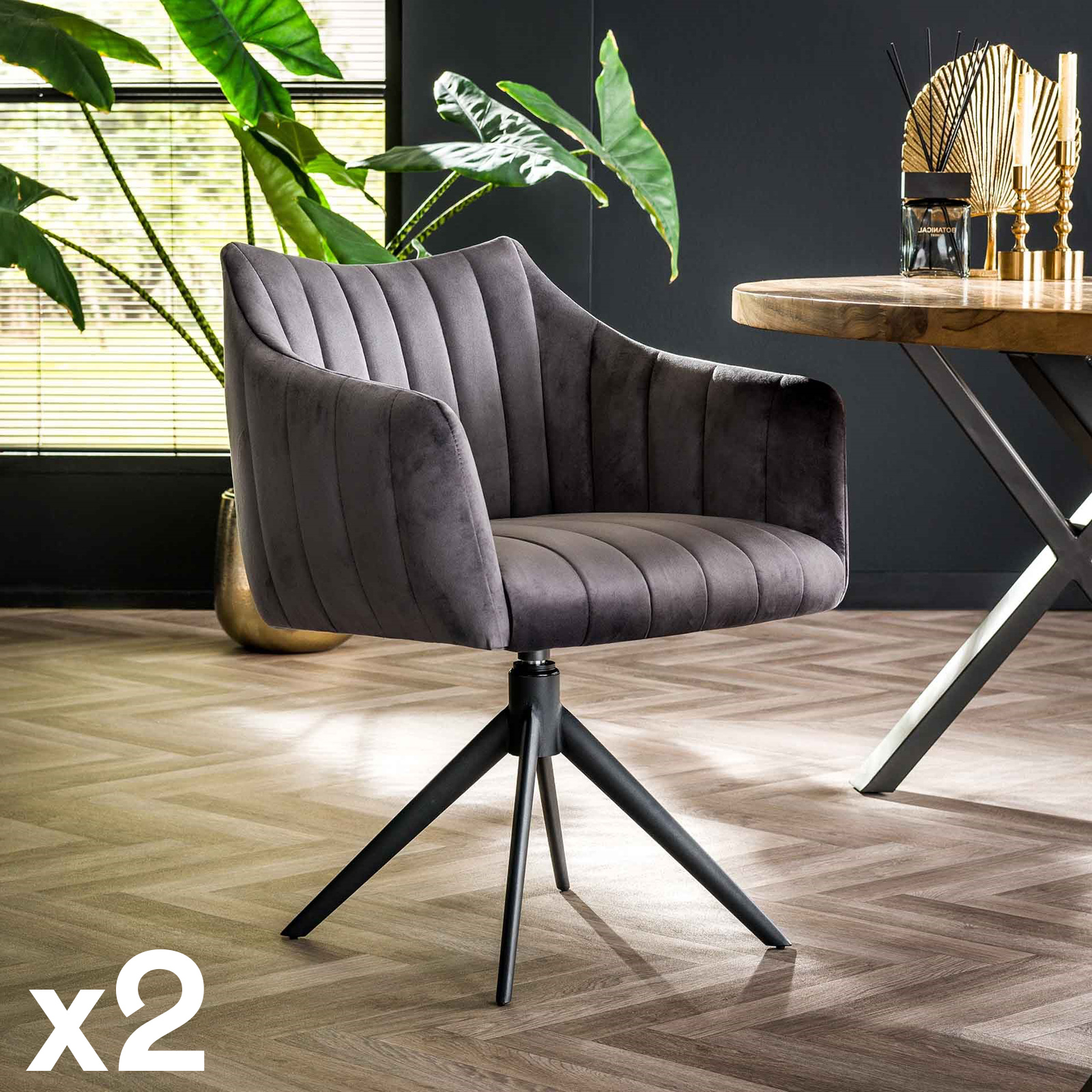 Fauteuil pivotant de table en velours gris à larges bandes (lot de 2) MELBOURNE