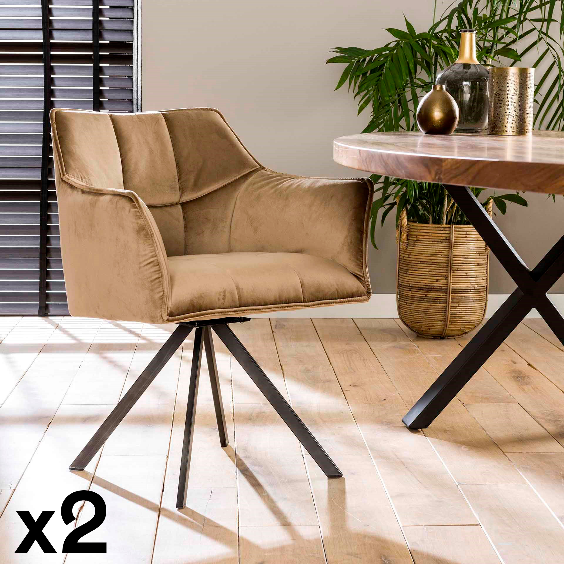 Fauteuil pivotant velours beige pied étoile MELBOURNE (lot de 2)