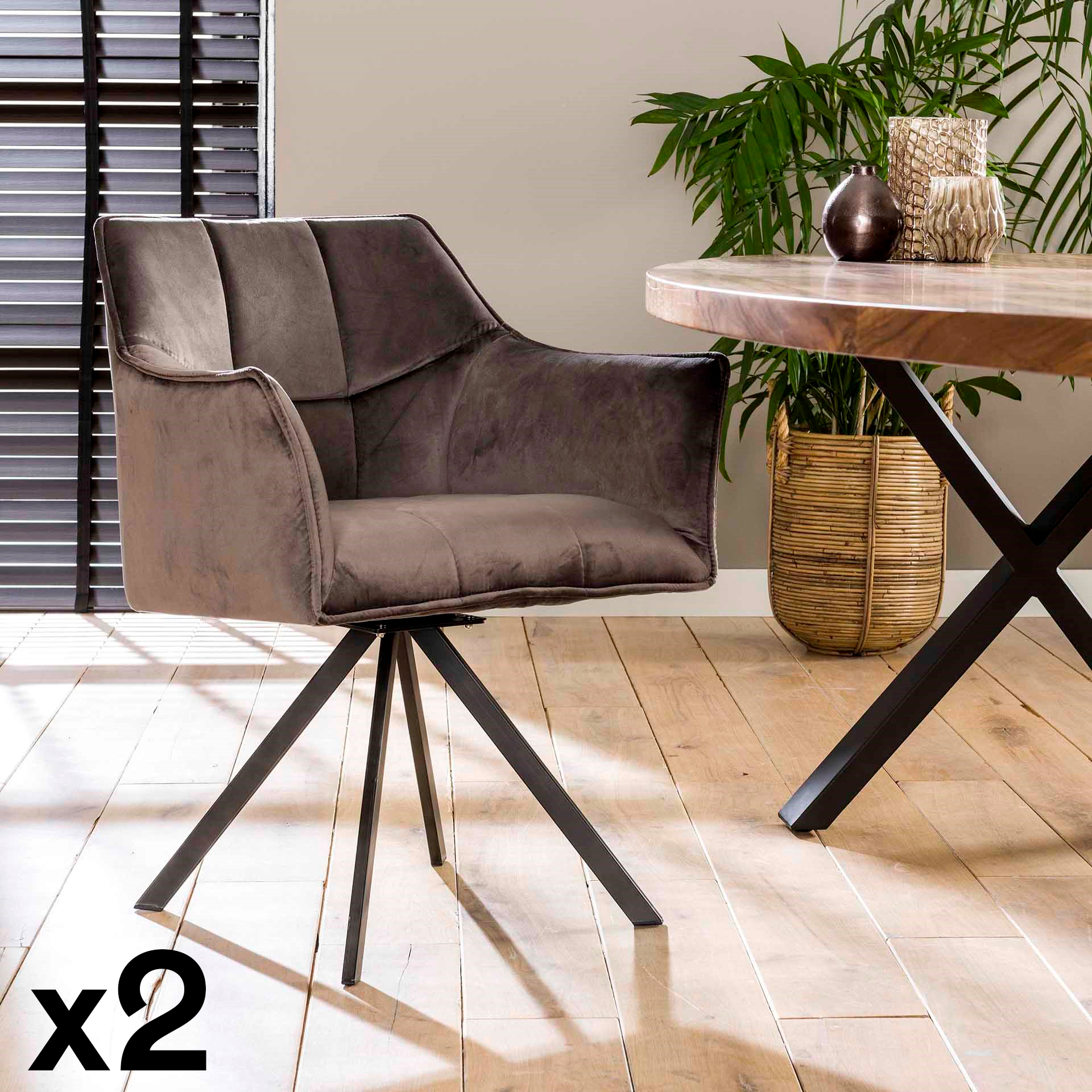 Fauteuil pivotant velours gris pied étoile MELBOURNE (lot de 2)