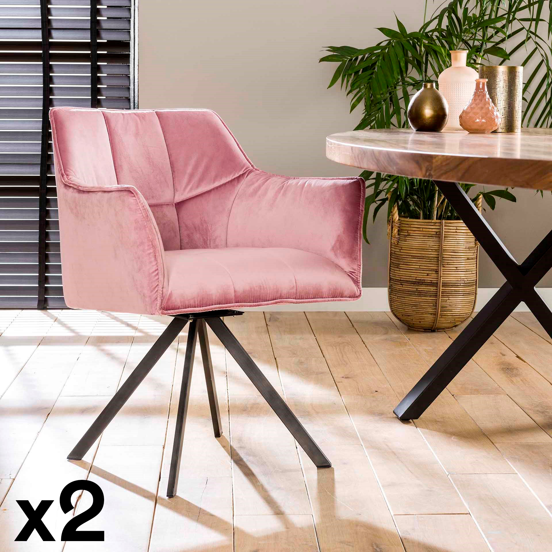 Fauteuil pivotant velours rose pied étoile MELBOURNE (lot de 2)