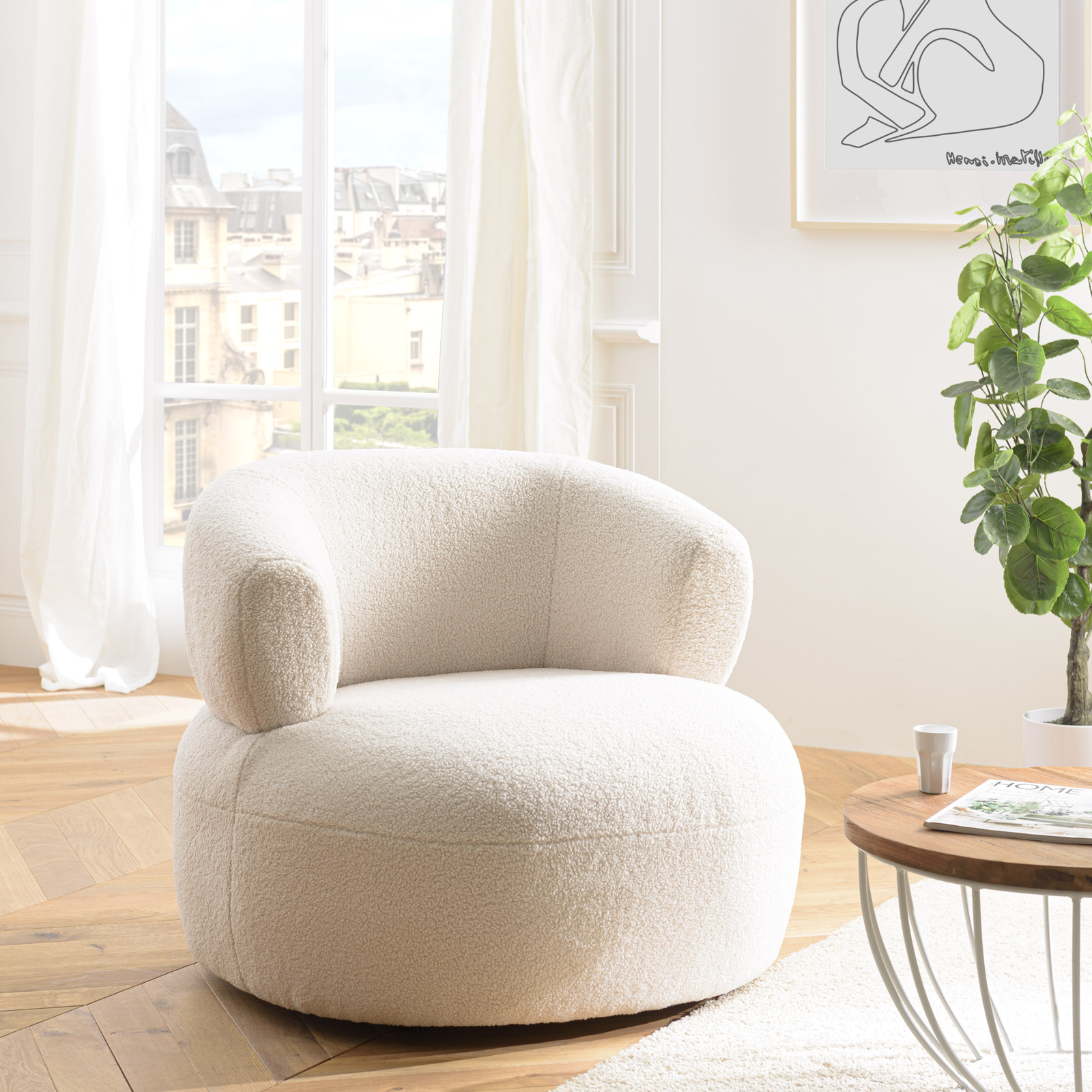 Fauteuil pouf tissu bouclette écru TIM