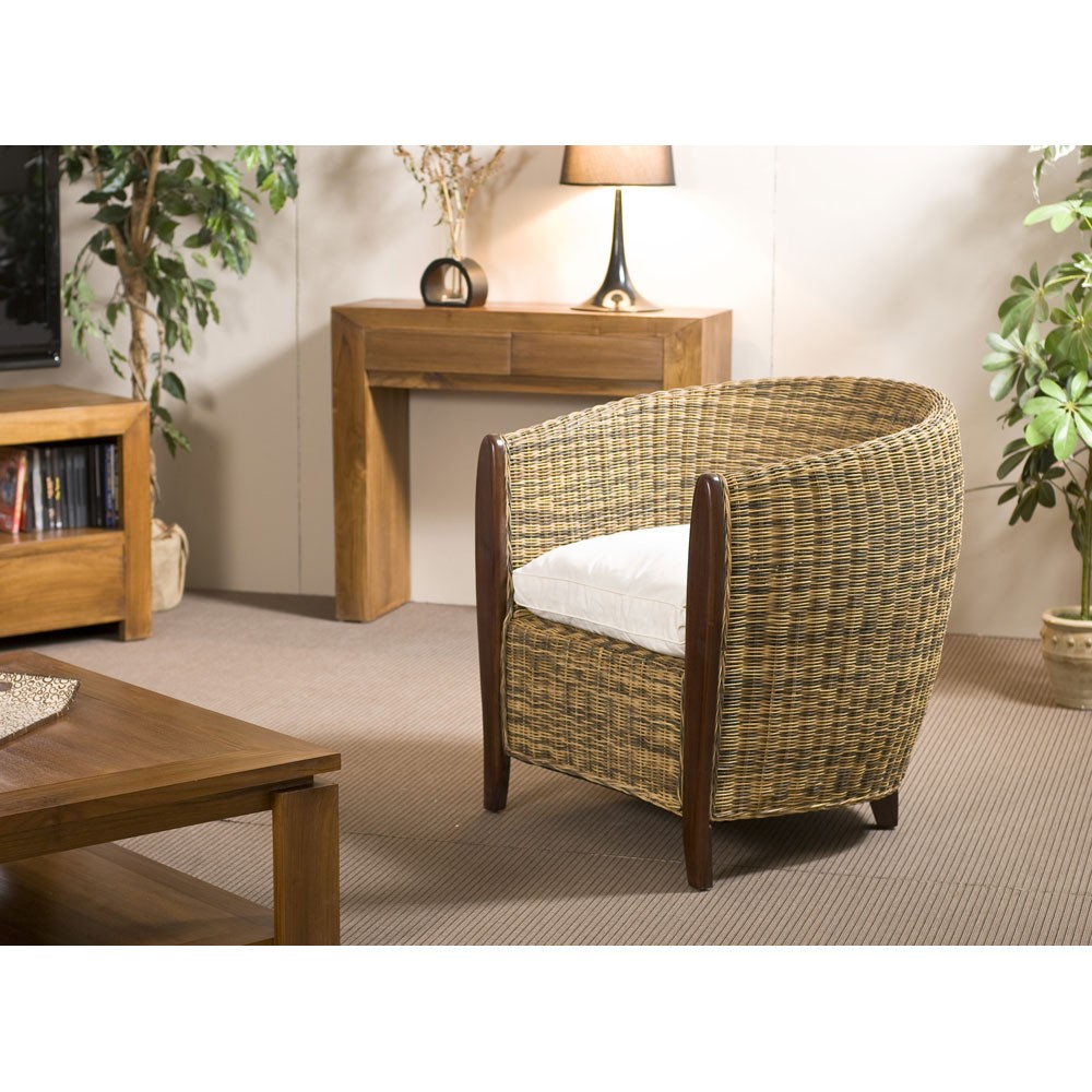 Fauteuil rond rotin acajou avec coussin LOLA