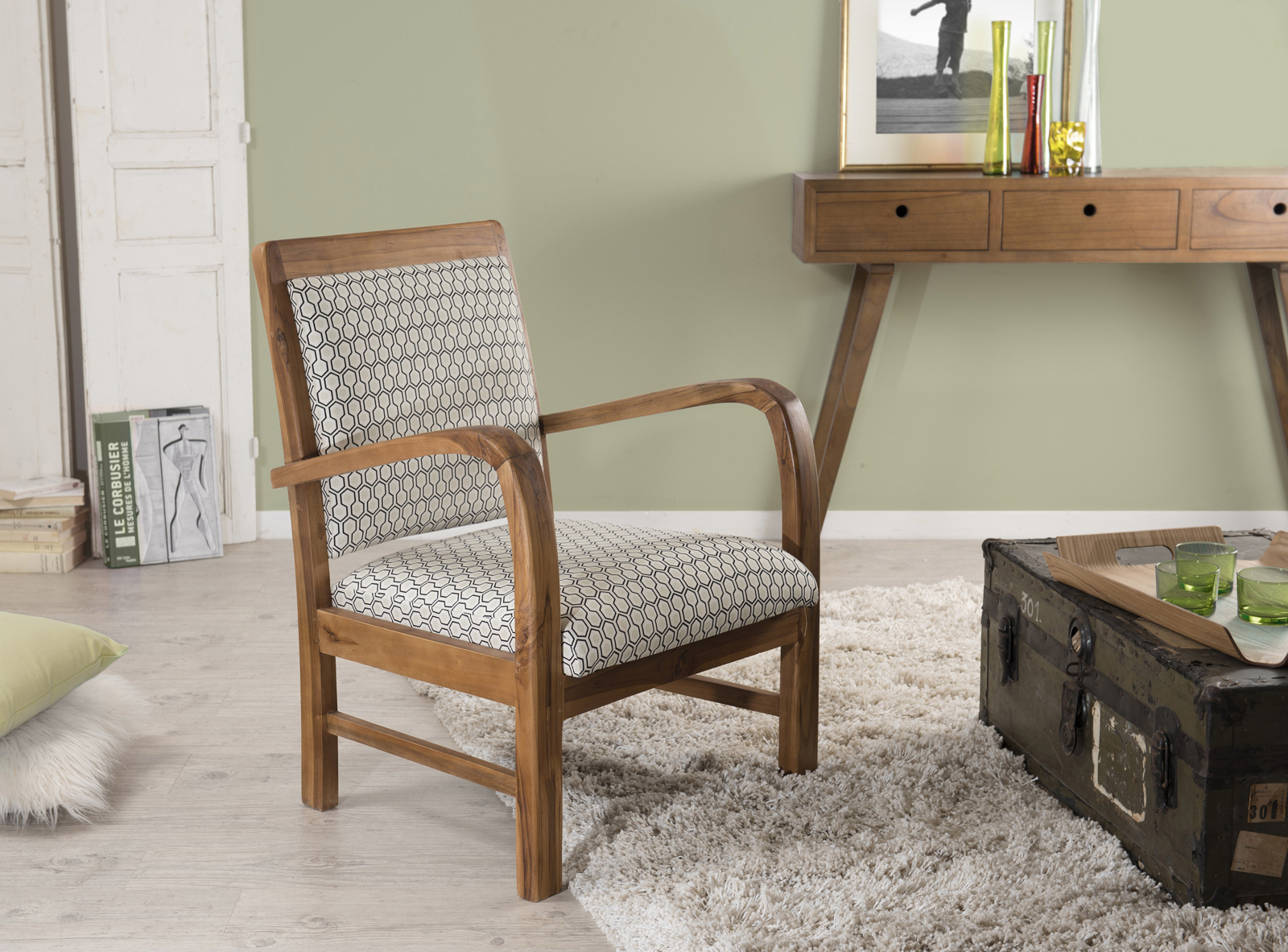 Fauteuil Teck assise tissu coton motifs géométriques façon nids d'abeilles 61x63x81cm DIKA