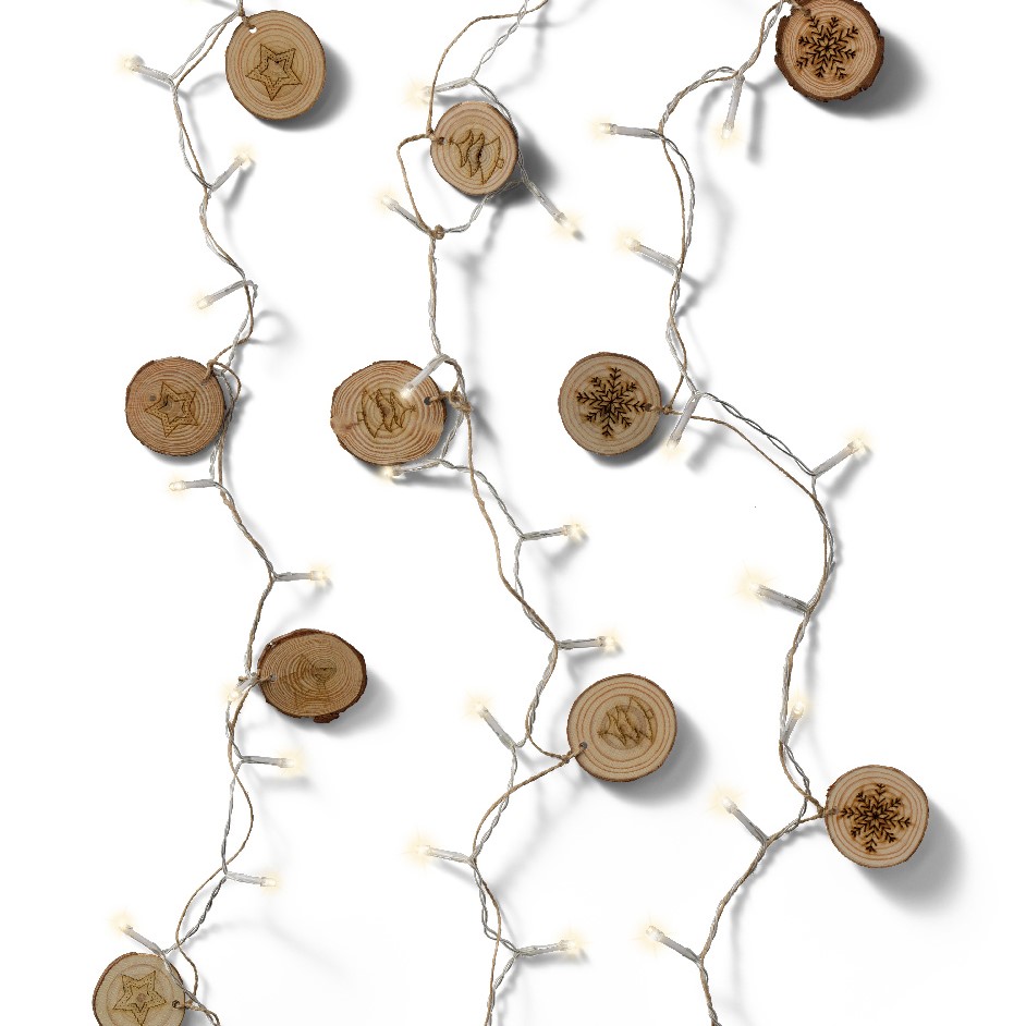 Guirlande lumineuse avec rondins bois (3 assortis : flocon, sapin, étoile), 120 cm