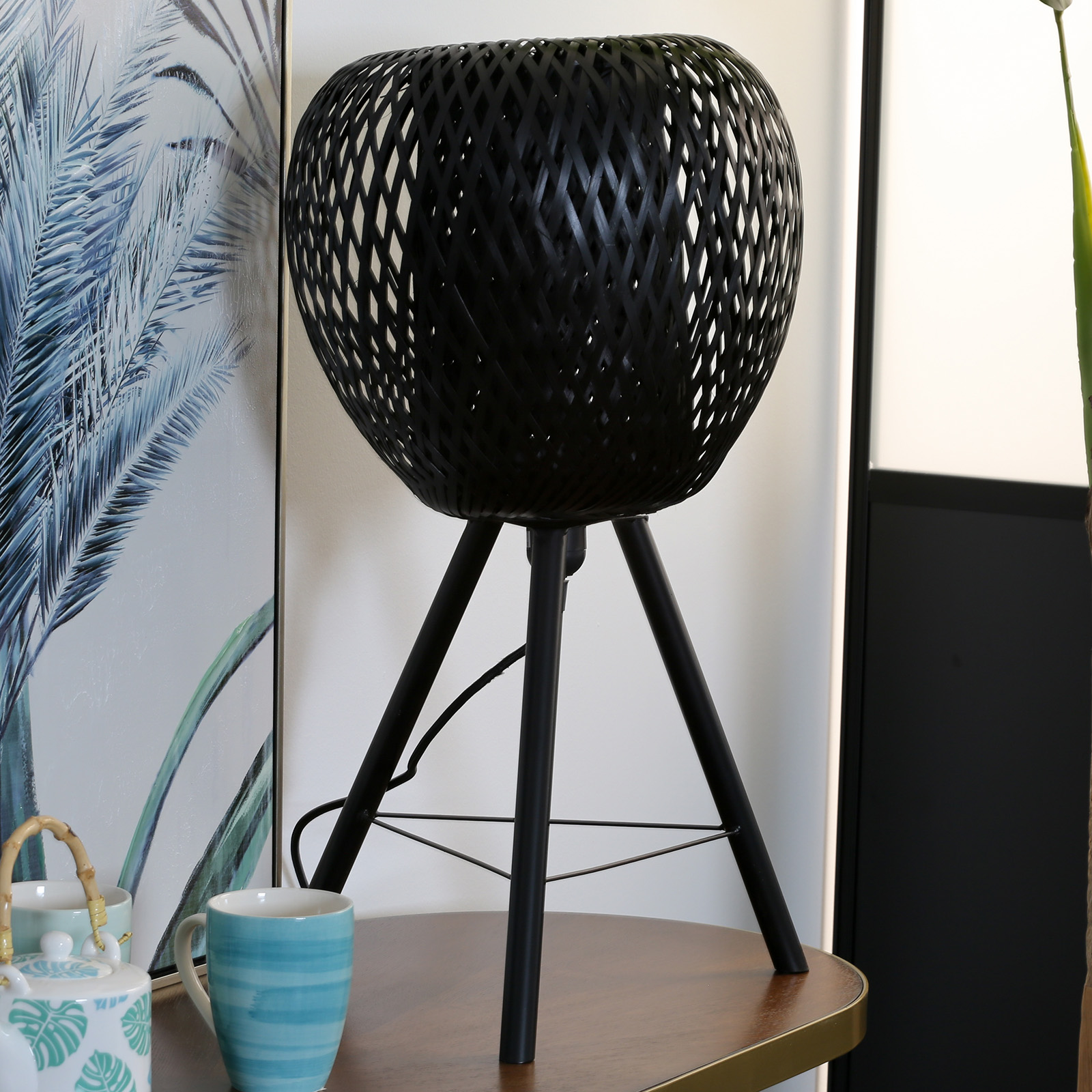 Lampe forme Pomme en bambou ajouré noir et pieds métal D33xH59cm