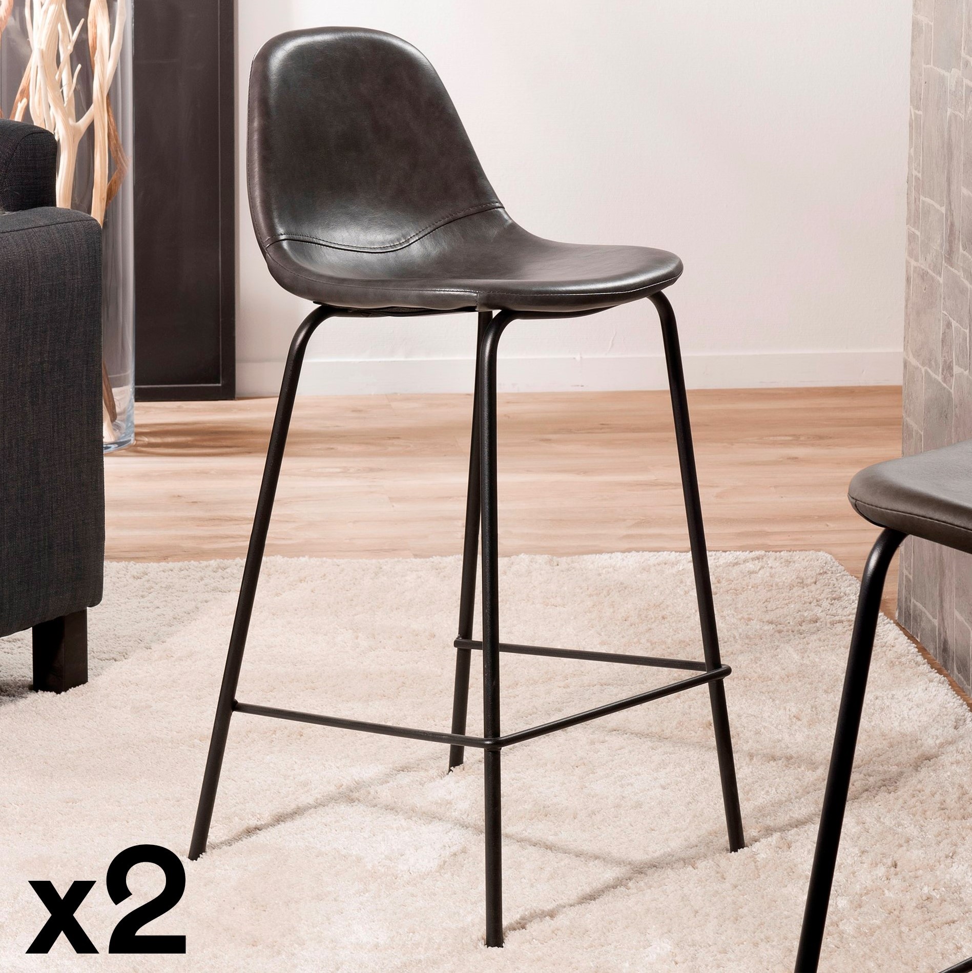 Lot de 2 Chaises de Bar effet couture apparente en métal et tissu noir 41x45x87cm TIM