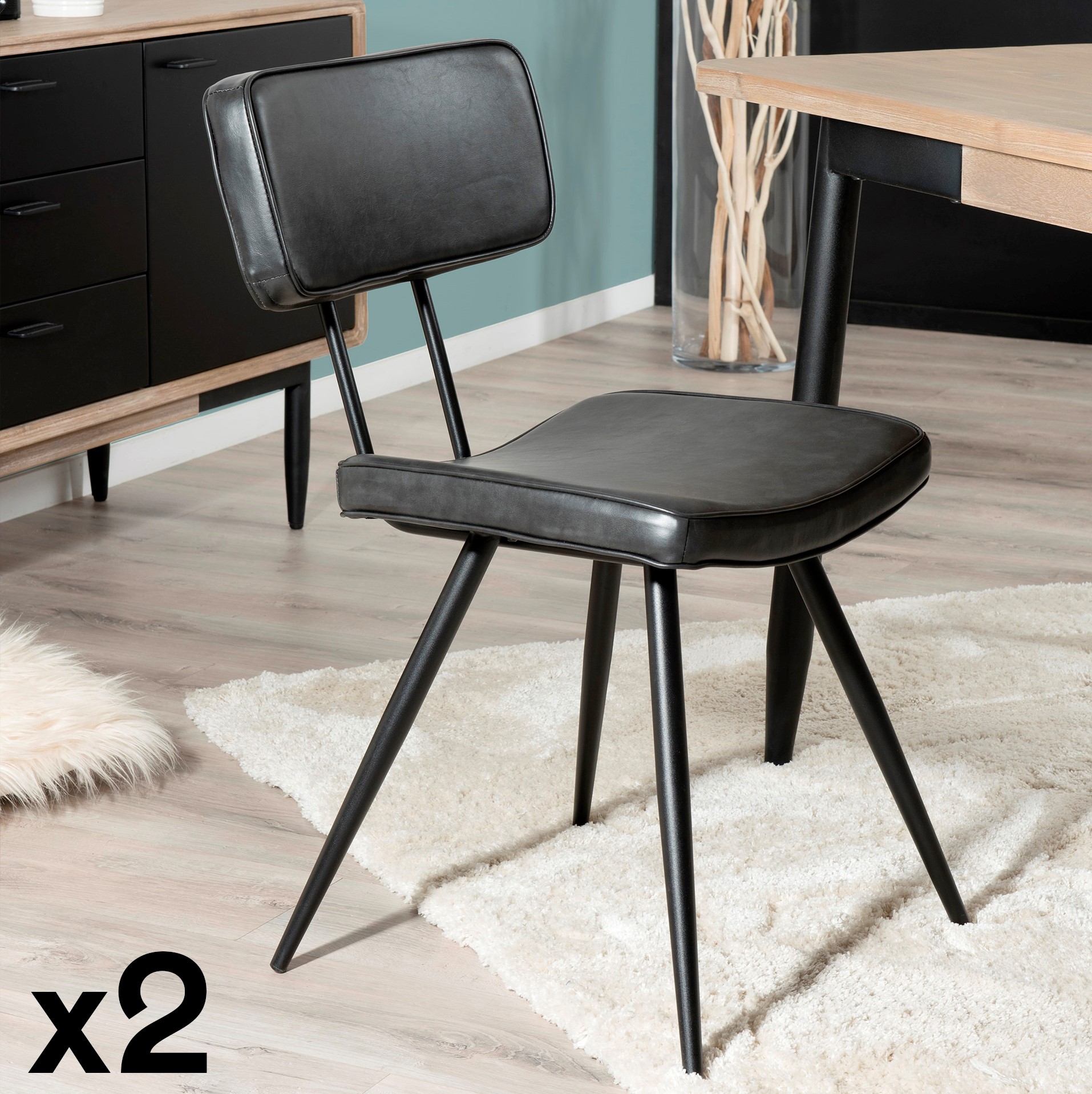 Chaise vintage tissu noir/gris anthracite (lot de 2) TIM