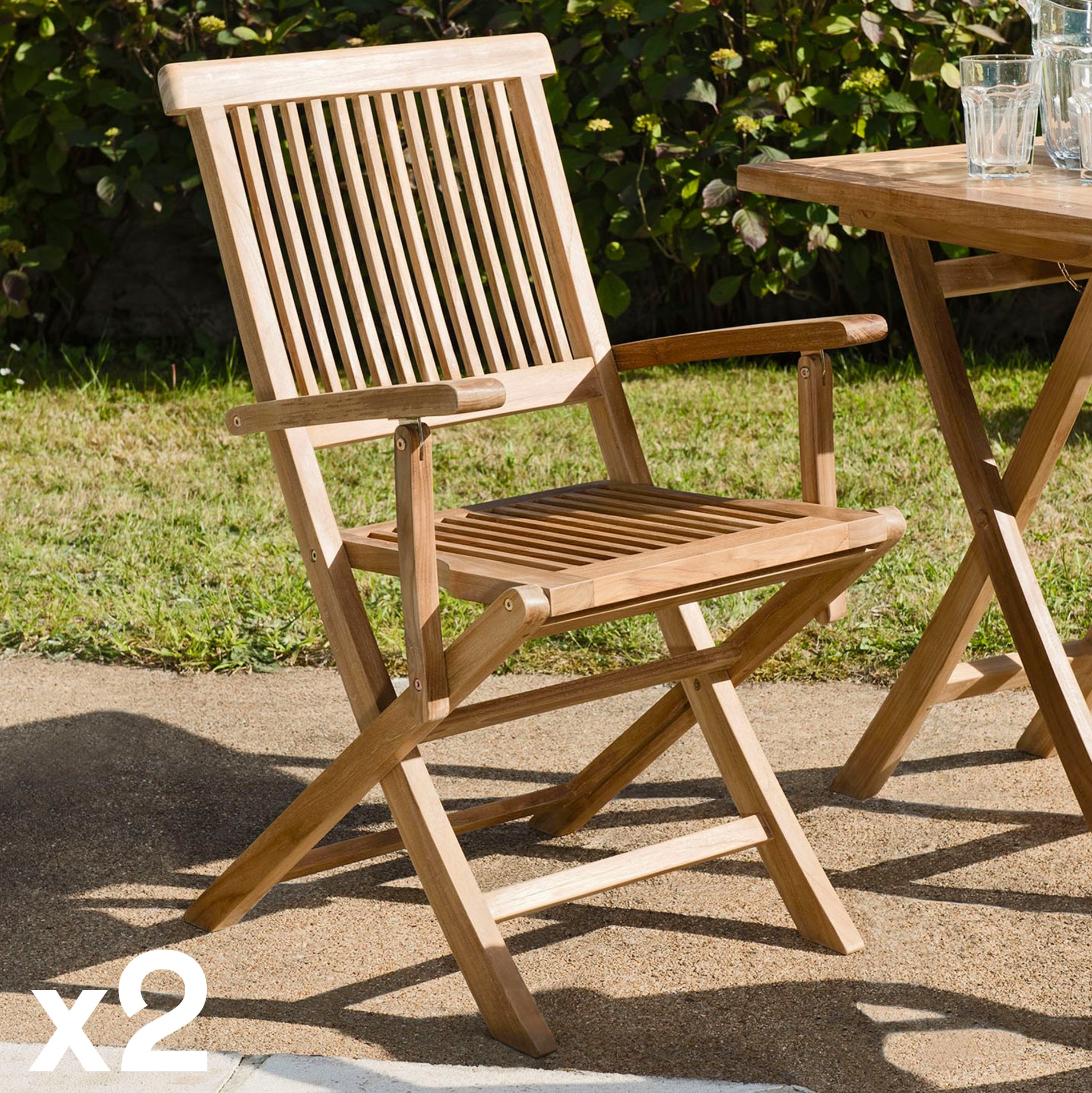 Chaise de jardin en teck à bords droits avec accoudoirs (lot de 2) SUMMER