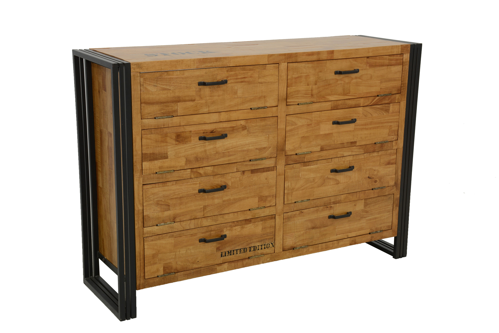 Meuble à chaussures hévéa recyclé naturel et métal noirci 8 tiroirs 132X40X91cm DOCKER