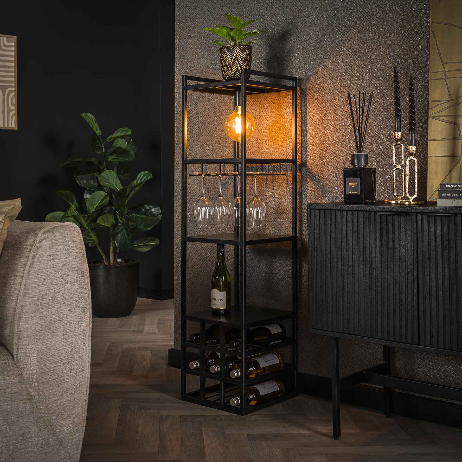 Meuble bar éclairé avec emplacement bouteilles et verres RALF